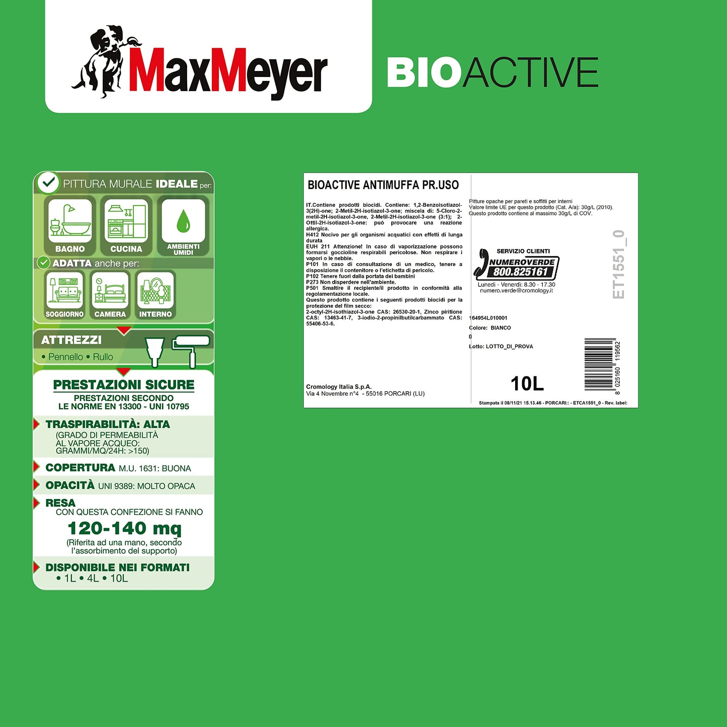 MaxMeyer Pittura per interni antimuffa Bioactive BIANCO 10 L,12-14 mq/litro