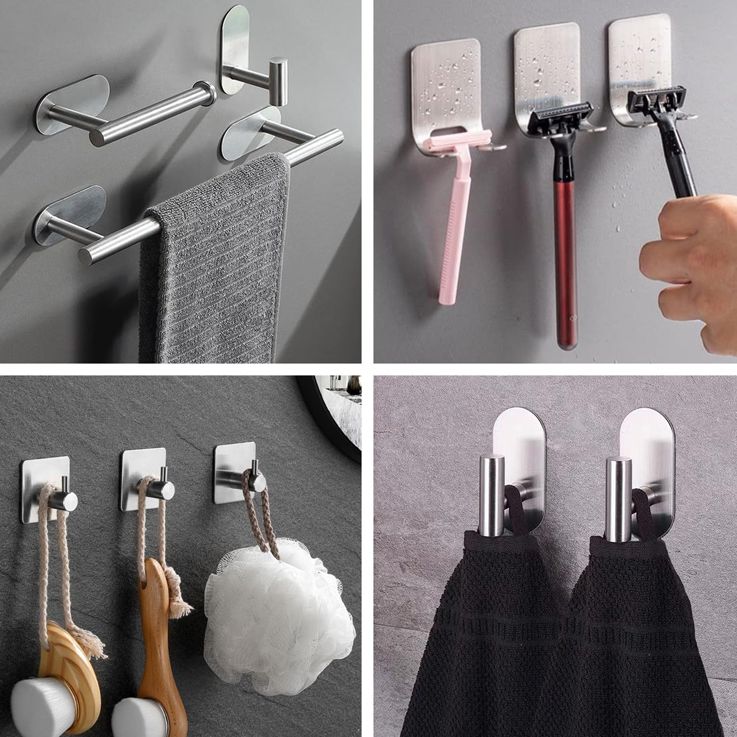 Porta Asciugamani Bagno, 9PCS Adesivo, Appendi Asciugamani in Acciaio Inox SUS304, Argento