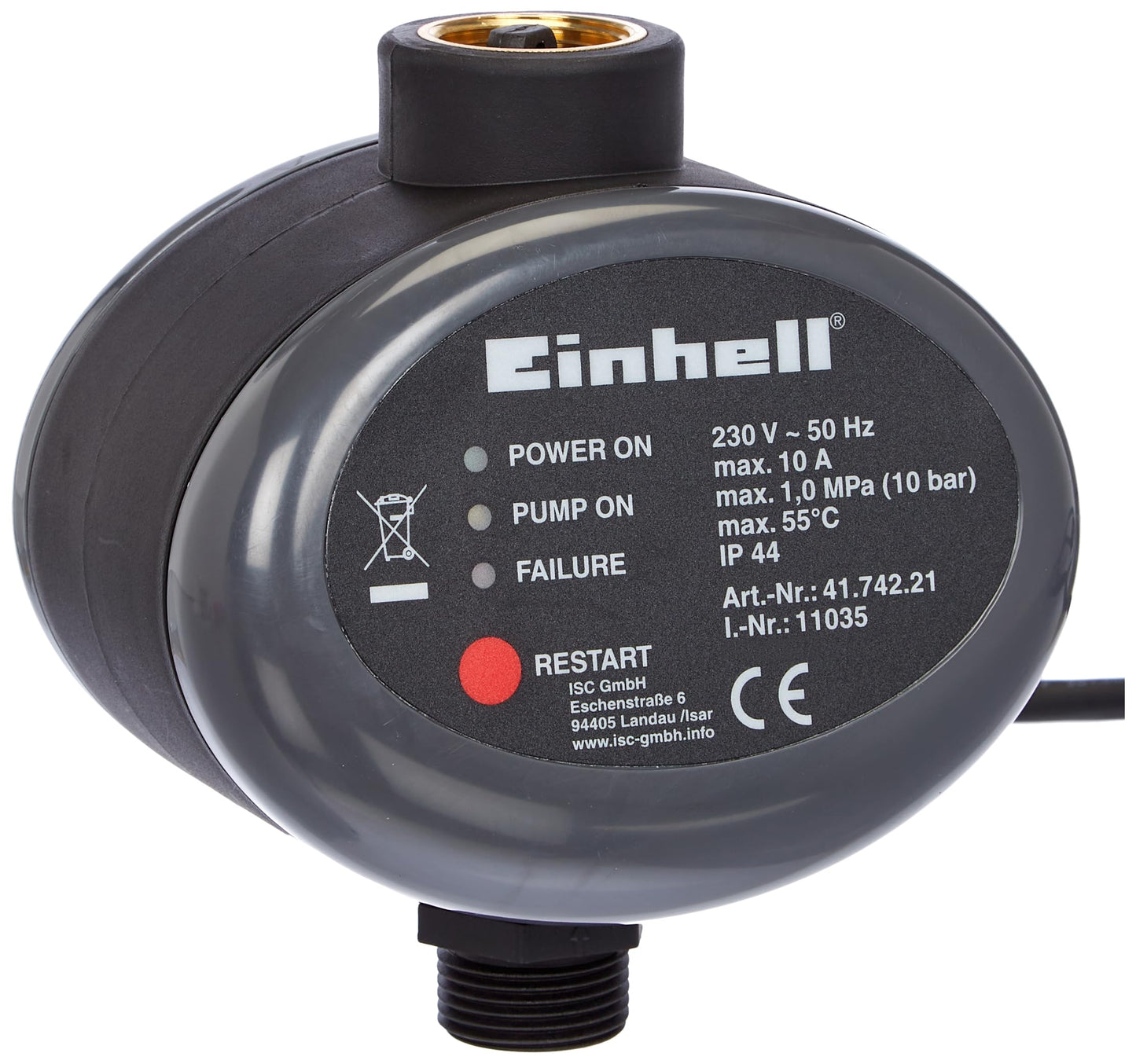 Einhell Originale Pressostato Nero (230 V, corrente max 10 A, pressione max 10 bar, temp max 55 °C)