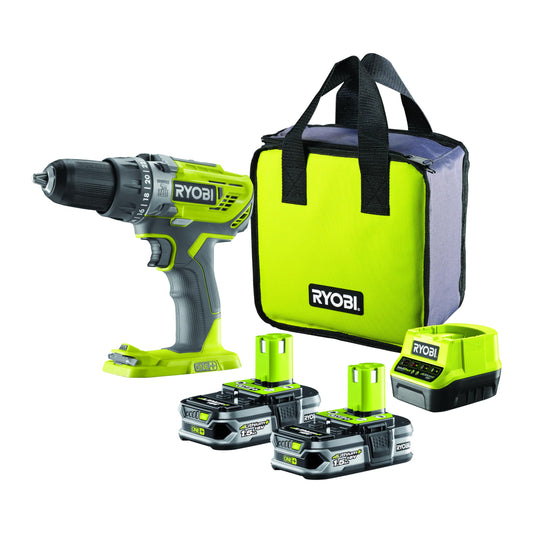 Ryobi R18PD3-215S Trapano Avvitatore a Percussione a Batteria 18V ONE+, Include Due Batterie 1.5Ah, 24 Regolazioni di Frizione, Luce LED, per Legno, Metallo e Muratura