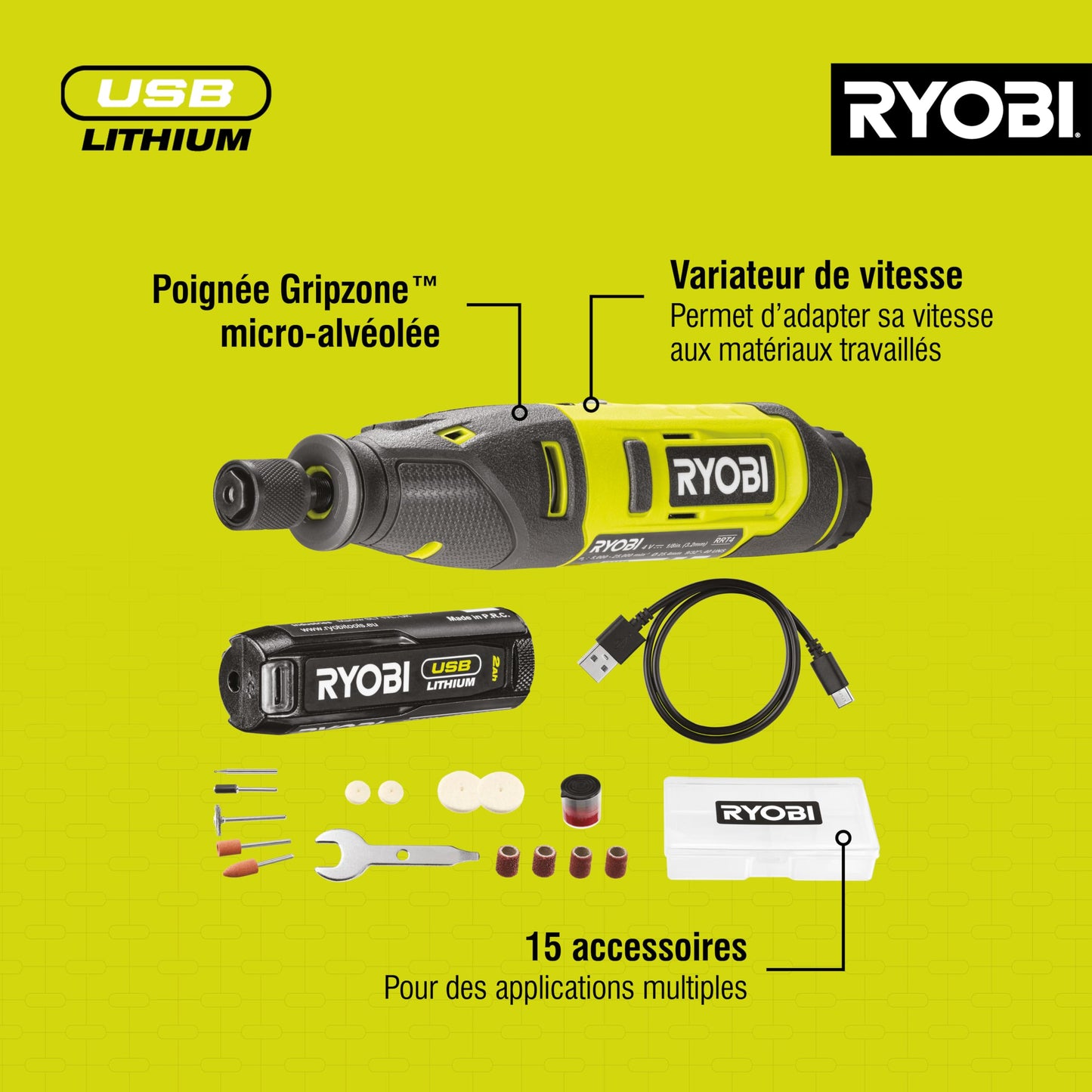 Ryobi RRT4-120GA15 Utensile Rotativo 4V, Velocità da 5.000 a 25.000 g/min, Cambio Accessori Semplice e Rapido Senza Chiave