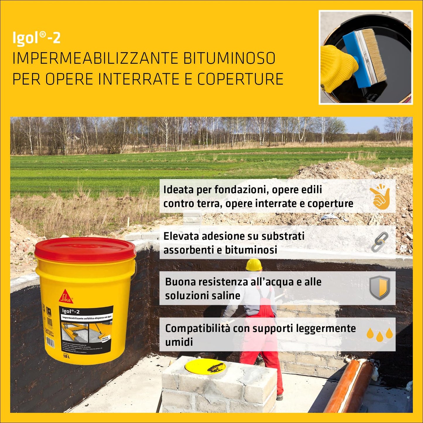 Sika - Sika Igol 2, Nero - Pasta bituminosa impermeabile all'acqua e alle soluzioni saline per opere interrate - Facilità di posa - Secchio da 18kg