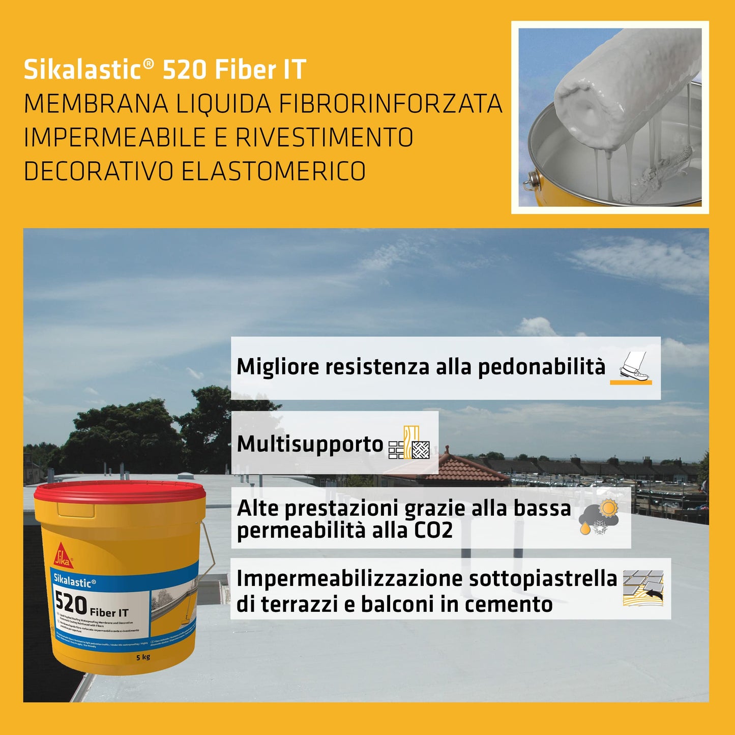 Sika - Sikalastic-520 Fiber IT, Grigio - Membrana liquida impermeabilizzante - Rivestimento decorativo elastomerico - Resistente ai raggi UV - 5kg