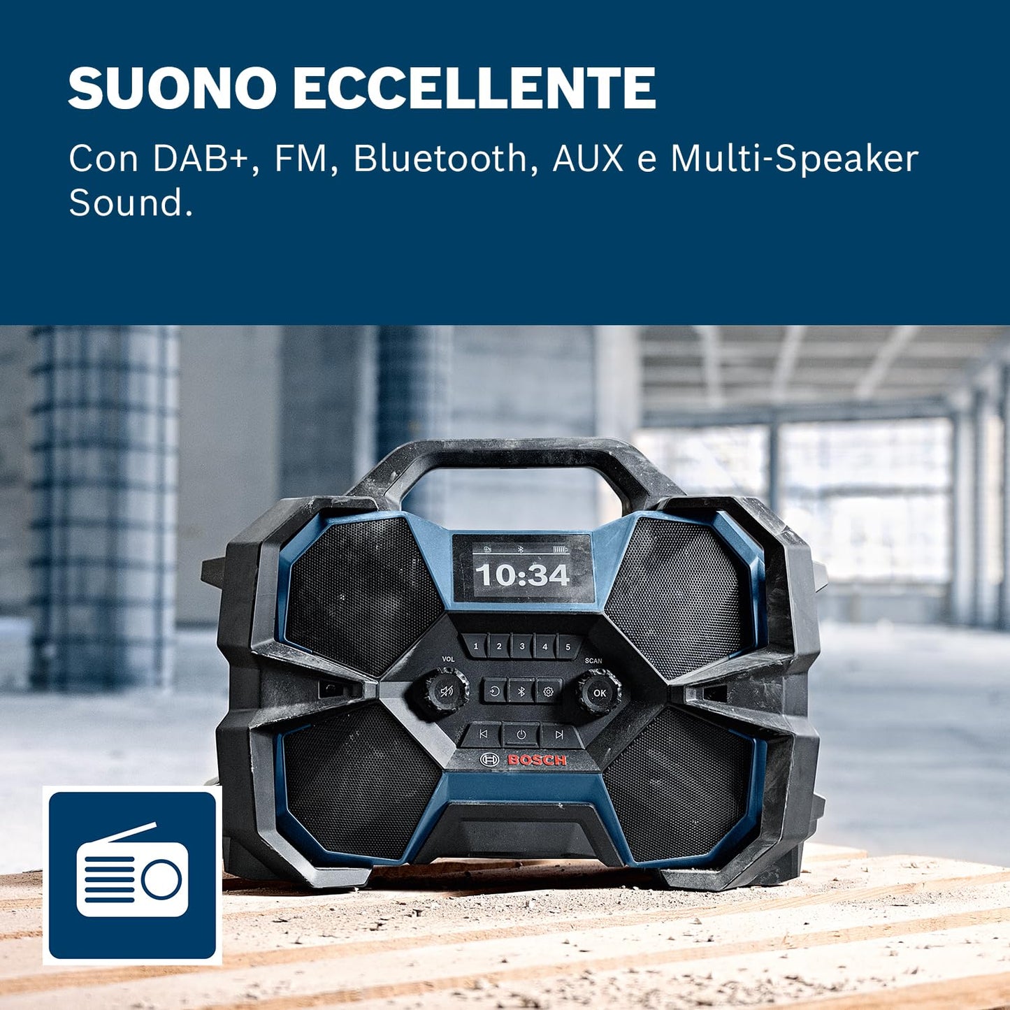 Bosch Professional Radio a batteria GPB 18VH-6 SRC 18V/12V System (ricarica integrata per 18V e 12V, incl. apribottiglie, 2 batterie AAA, pellicola protettiva schermo, senza batteria/caricabatteria)