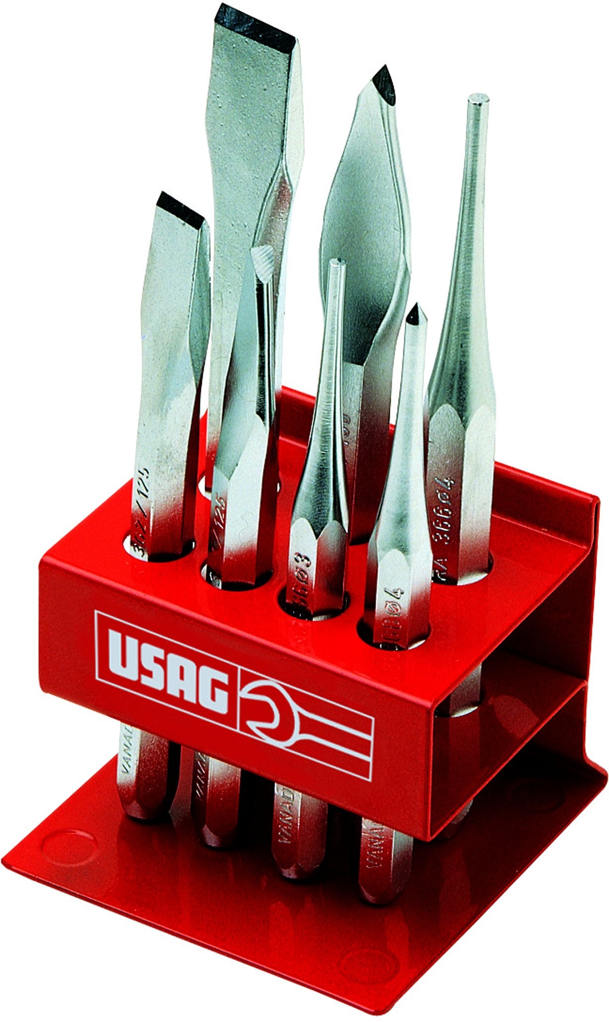 USAG 372 S7 - Assortimento di scalpelli, ugnetti e punzoni con supporto in lamiera (7 pz) 372082