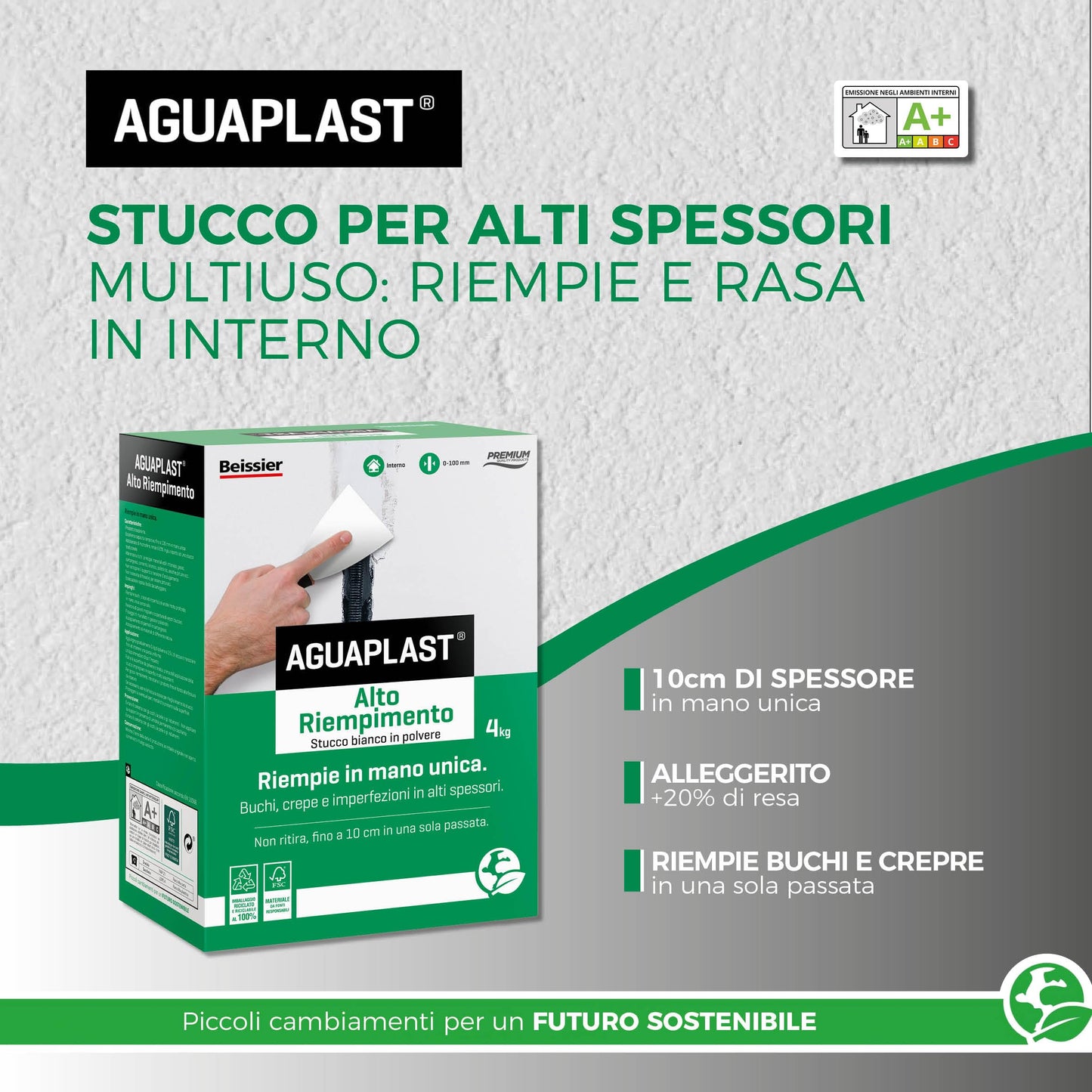 Aguaplast Alto Riempimento polvere, stucco per interni in alti spessori. 10 cm di spessore in mano unica. 4kg