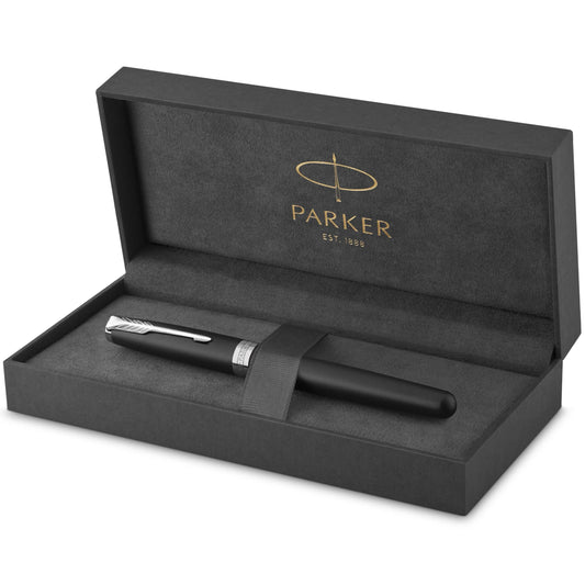 PARKER Sonnet Penna Roller, Laccatura di Colore Nero Opaco con Finiture in Palladio, Pennino Sottile, Confezione Regalo