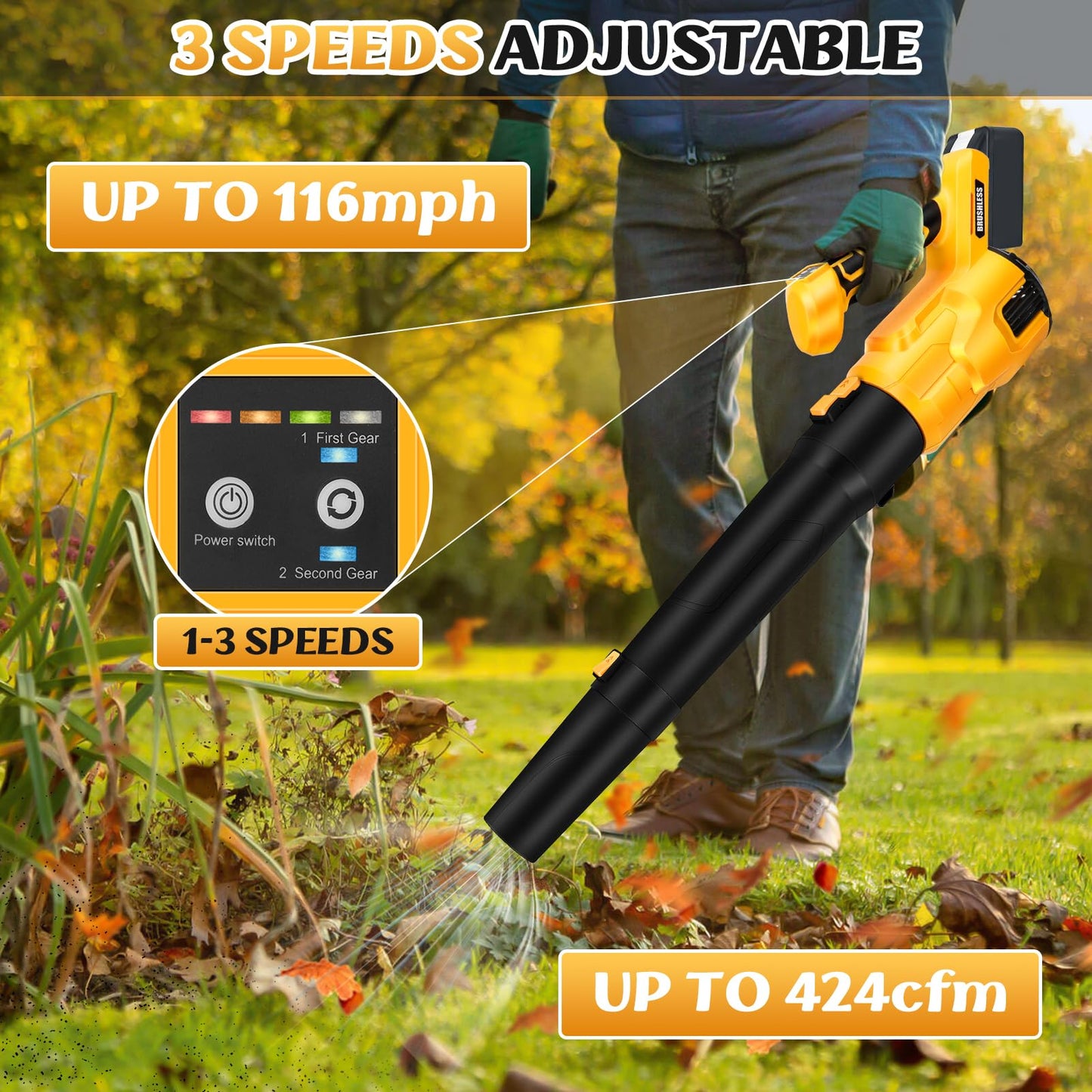 Soffiatore a batteria compatibile con Dewalt 20V batteria, Soffiatore foglie elettrico senza spazzole da 52 m/s, 3 velocità, modalità turbo, Aspira foglie per giardino (senza batteria)