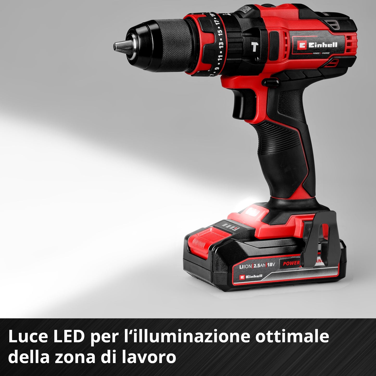 Einhell Trapano a percussione a batteria TE-CD 18/44 Li-i (1x2,5Ah) Power X-Change (18 V, 44 Nm, funzione percussione, mandrino in metallo 13 mm, 2 velocità, batteria da 2,5 Ah e caricabatterie)