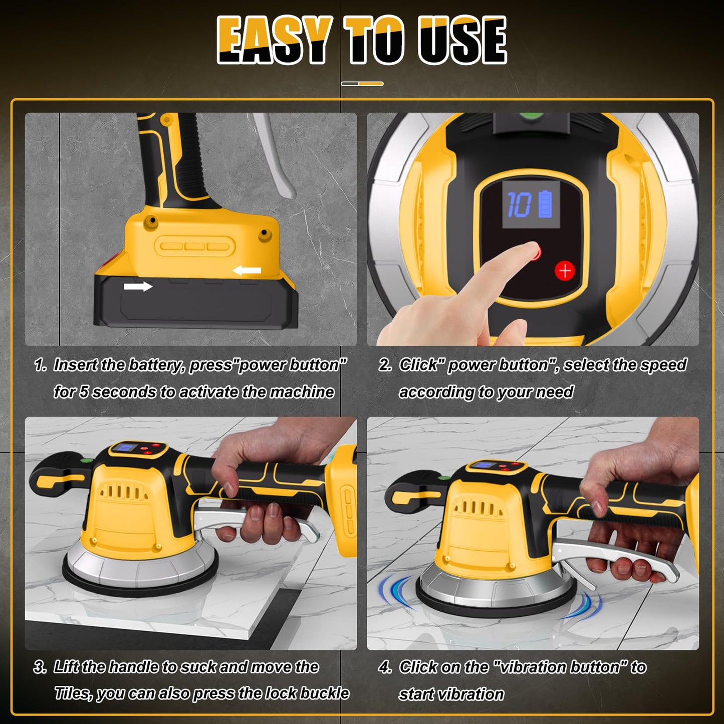 Piastrelle a batteria, compatibile con batteria Dewalt da 20 V, vibratore per piastrelle a 10 marce, display digitale, ventosa da 14,5 cm e assorbimento da 150 kg per la posa di piastrelle da 0,3 a