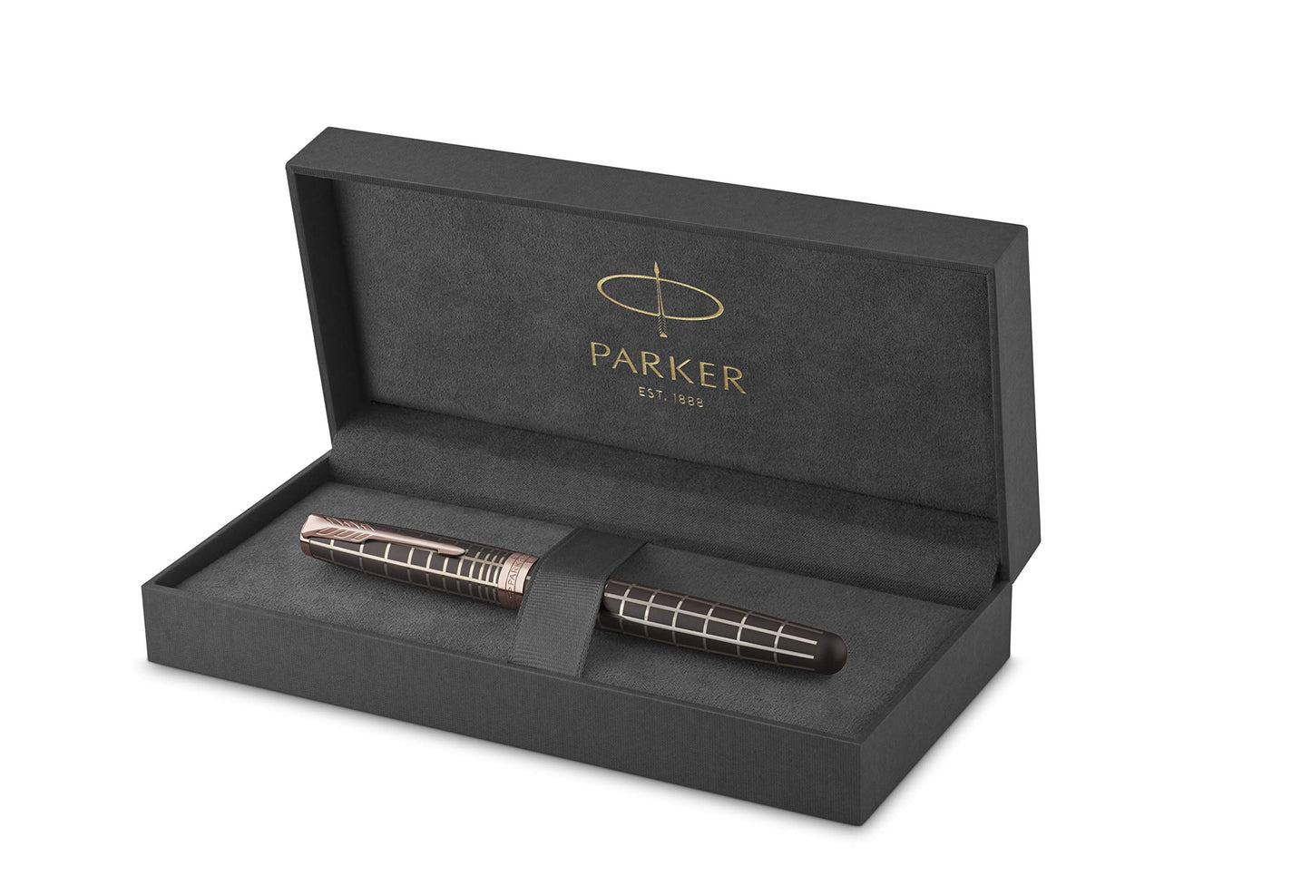 PARKER Sonnet penna stilografica, laccatura marrone con effetto gommato e finiture in oro rosa, pennino medio 18 K - Confezione regalo, brown rubber - rose gold plated trim