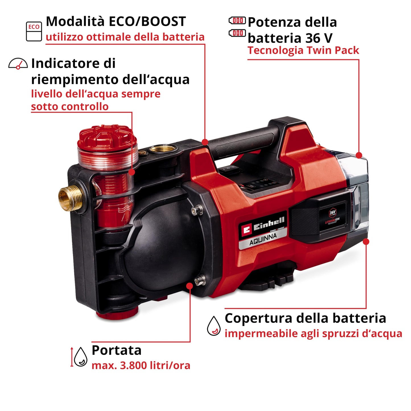 Einhell Pompa da giardino a batteria AQUINNA 36/38 F LED Power X-Change (36 V, max. 3800 l/h, portata max. 37 m, ECO/Boost, prefiltro, protezione da sovraccarico e antigelo, senza batteria)