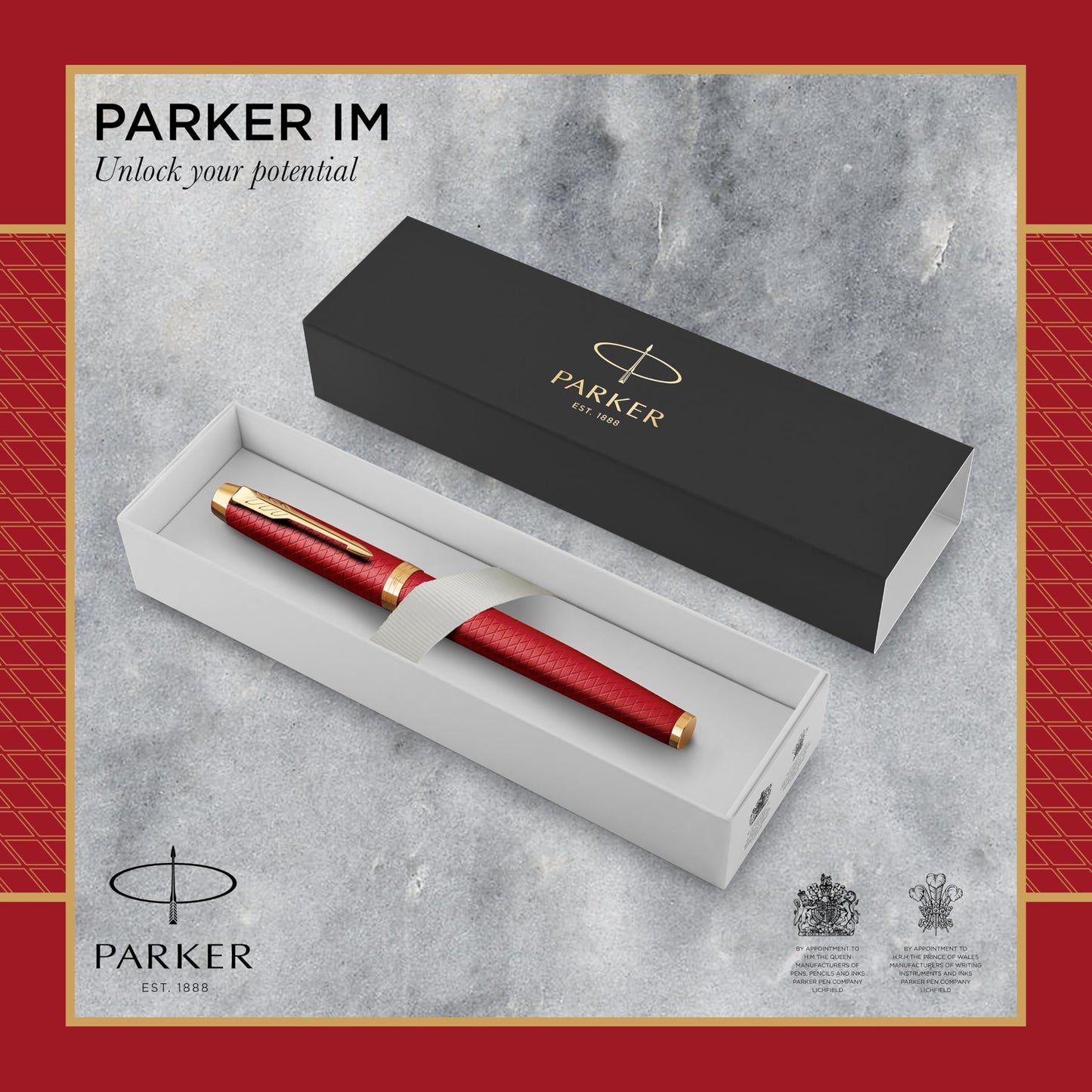 Parker IM penna stilografica | Rosso laccato premium con finiture in oro | Punta fine con cartuccia di inchiostro blu | Confezione regalo