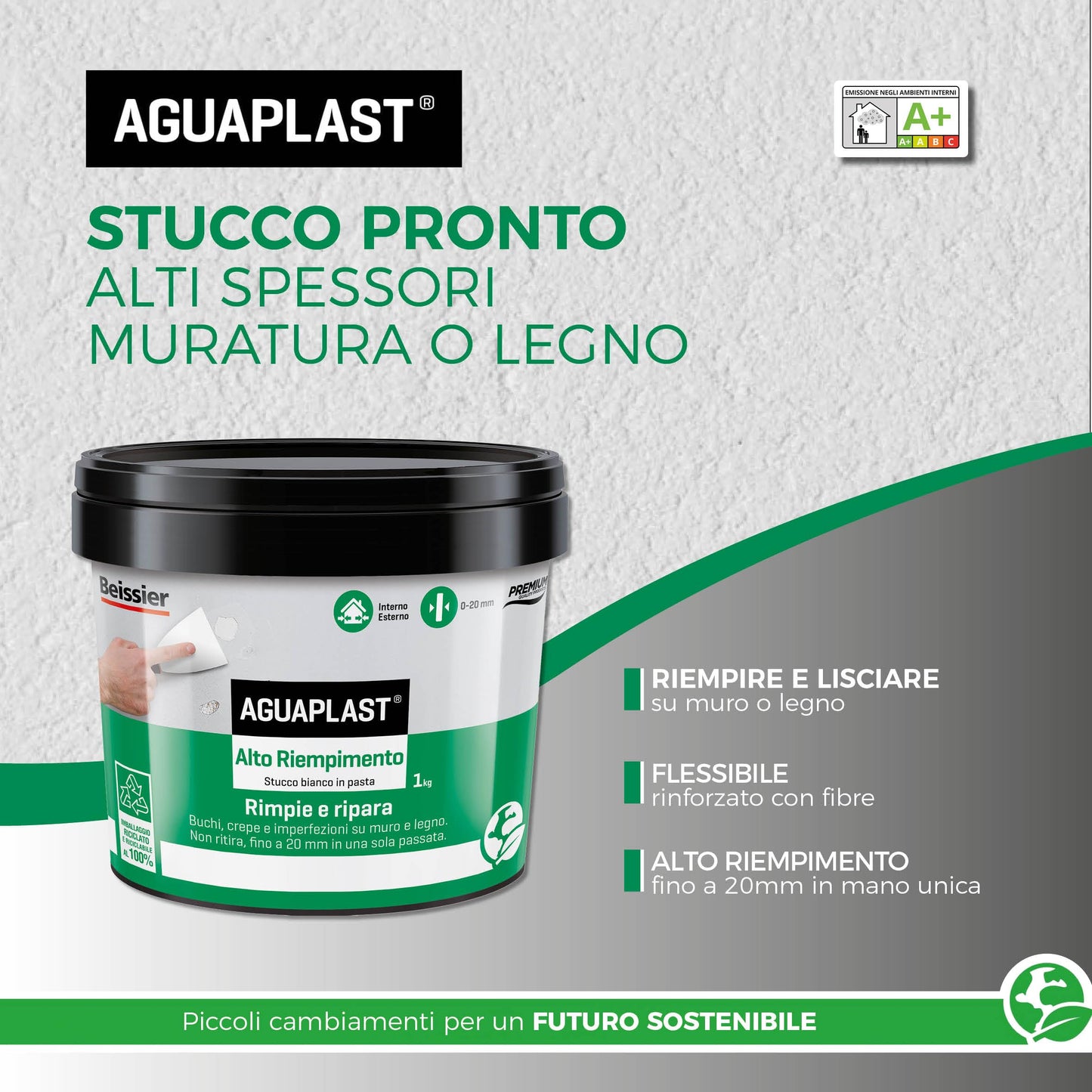 Aguaplast Alto Riempimento, stucco in pasta alti riempimenti su muro e legno, rinforzato con fibre, riempie fino a 2cm senza ritiri - 1kg