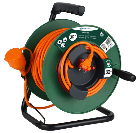 Electraline 49236 Prolunga Giardino con Avvolgicavo, 30 mt Spina e Presa Europea 2 Poli, per Elettrodomestici da Giardinaggio, Sezione Cavo 2x1,5 mm²