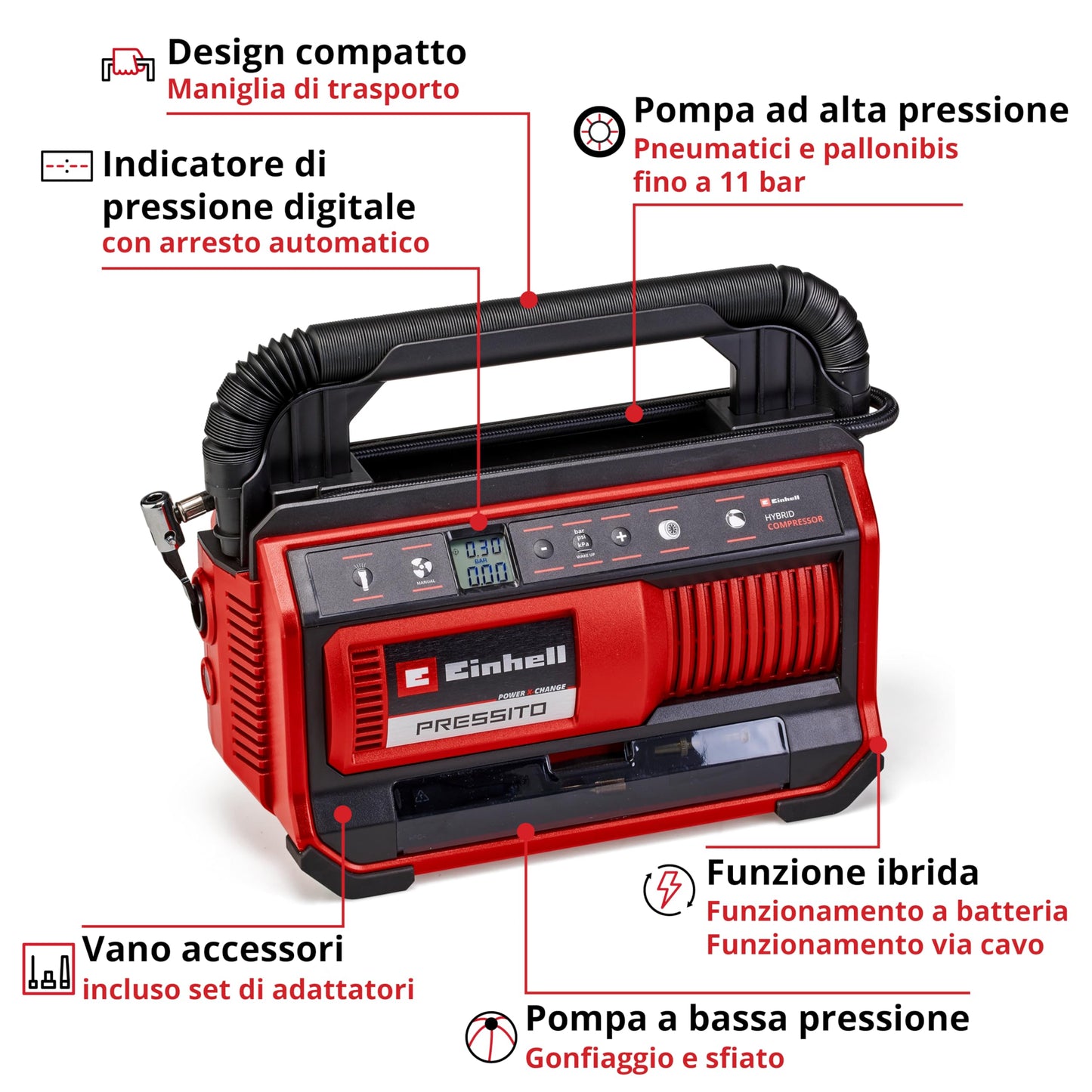 Einhell Compressore ibrido PRESSITO 18/25 Hybrid Power X-Change(18 V, funzionamento con cavo di alimentazione o batteria, max. 11 bar, incl. kit 4 adattatori e 2 tubi flessibili, senza batteria)