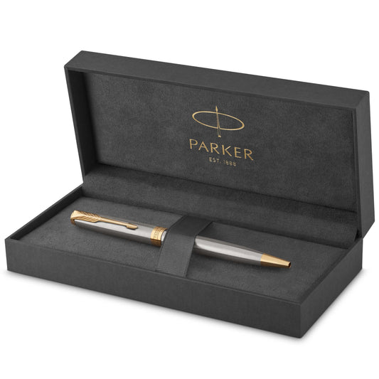 PARKER Sonnet Penna a Sfera, Acciaio Inossidabile con Finiture in Oro, Pennino Medio, Confezione Regalo