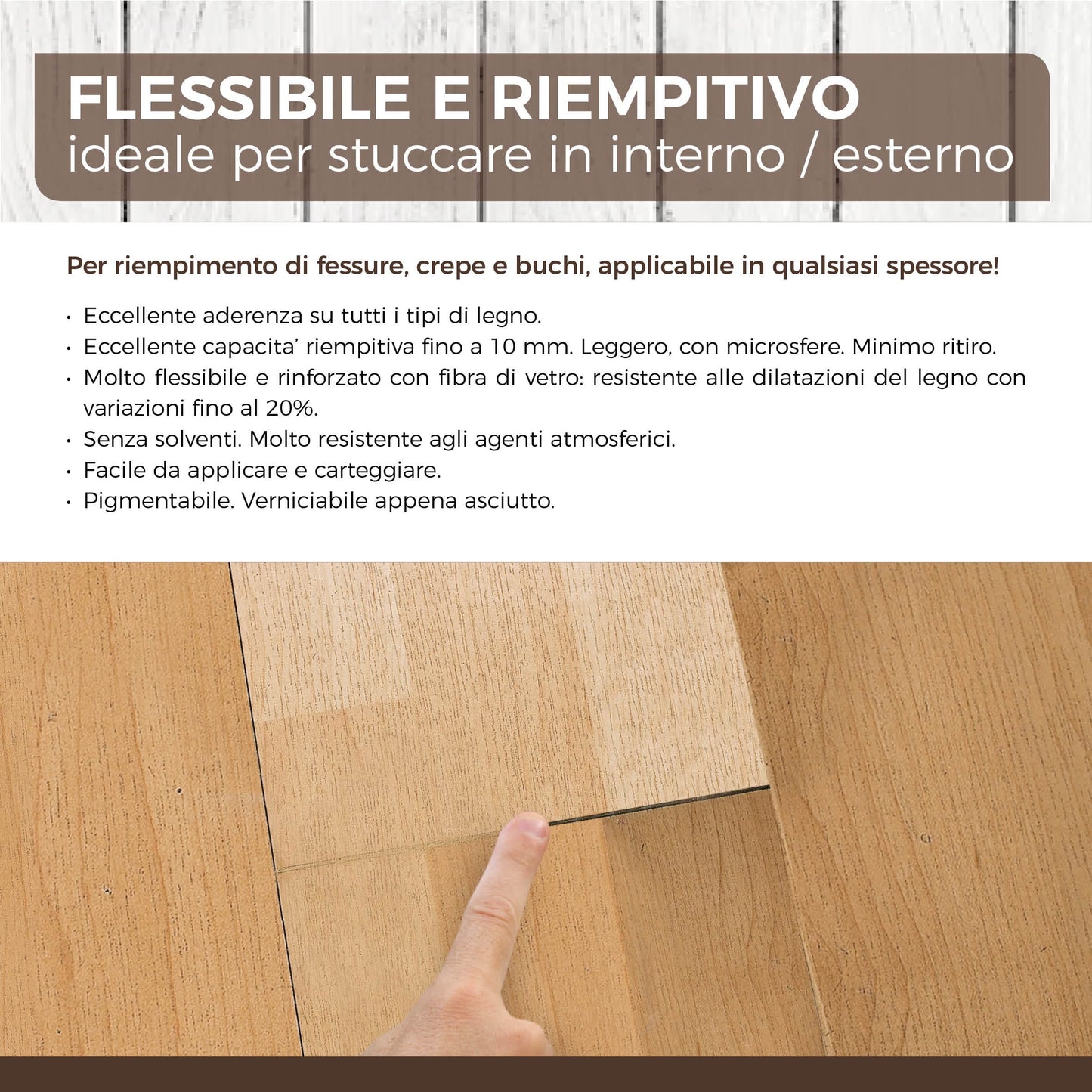 Aguaplast Woodlite stucco per legno colorato. Fibrato, resiste alle dilatazioni fino al 20%. Ideale per buchi e crepe in mano unica senza ritiro. Ciliegio