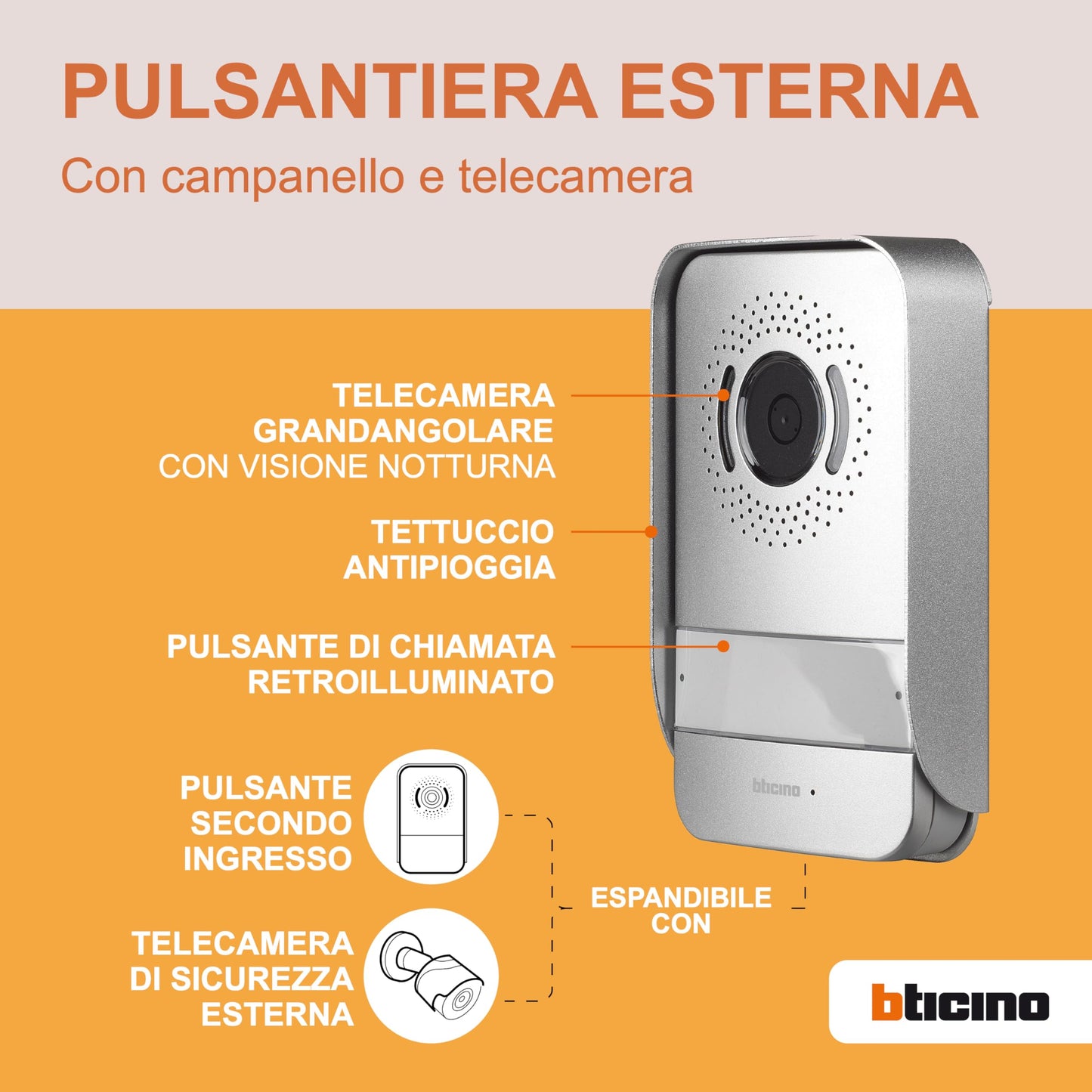 Bticino 318913 Easykit Plus Videocitofono Monofamiliare Plug-In 2 Fili con: 1 Pulsantiera Esterna con Campanello e Telecamera, 1 Monitor Interno 7" a Colori con Vivavoce, Espandibile per Bifamiliare