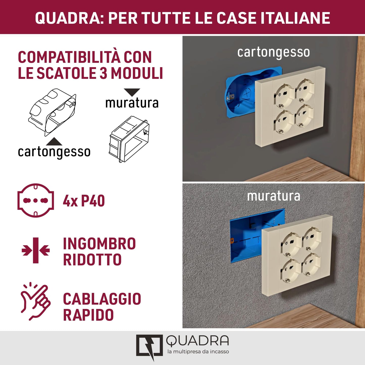 Electraline 22105 Multipresa da incasso Quadra 4 Posti Universali P40, compatibile con tutte le scatole da incasso 3 posti (muratura o cartongesso)