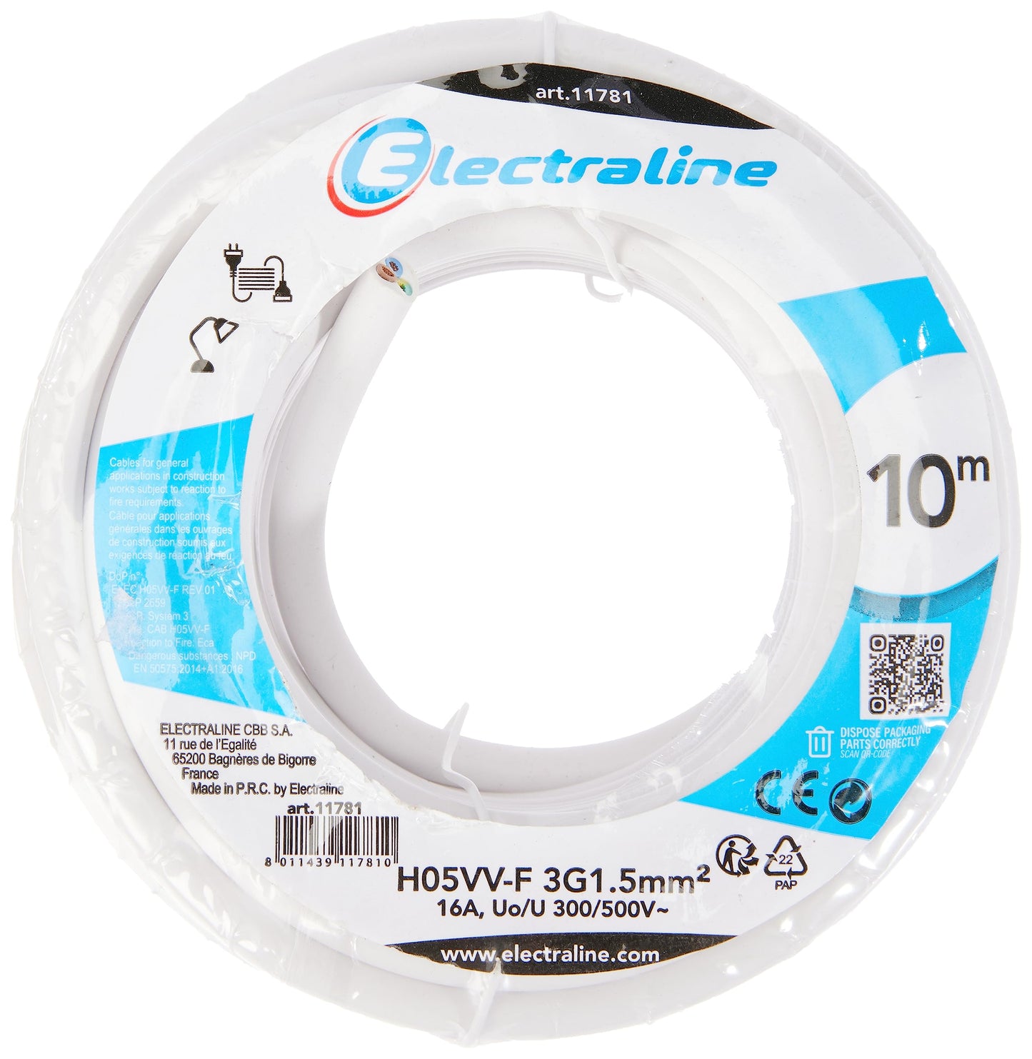 Electraline 11781 Cavo per Prolunghe H05VV-F, Sezione 3G1.5 mm, 10 mt, Bianco