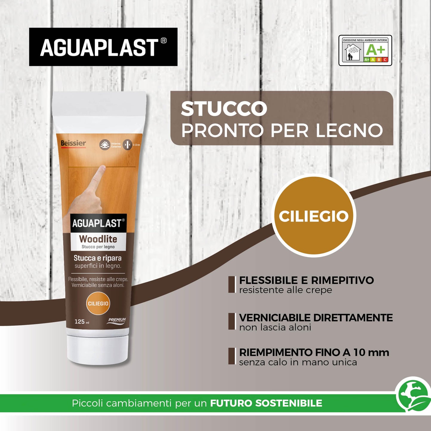 Aguaplast Woodlite stucco per legno colorato. Fibrato, resiste alle dilatazioni fino al 20%. Ideale per buchi e crepe in mano unica senza ritiro. Ciliegio