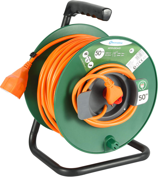 Electraline 49233 Prolunga Giardino con Avvolgicavo 50 mt Spina 16A e Presa Polivalente, Verde/Arancione