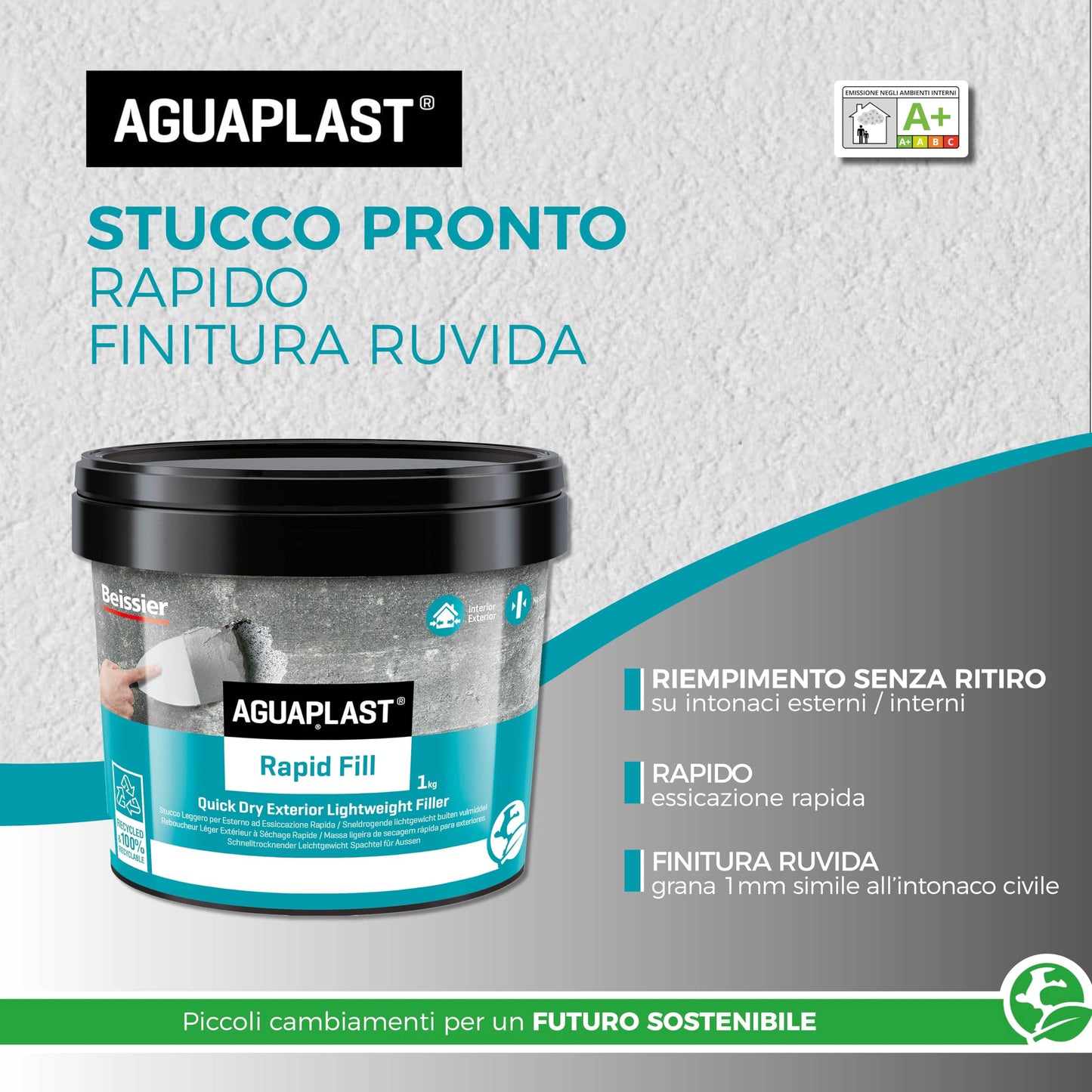 Aguaplast Rapid Fill, stucco in pasta pronto all'uso effetto intonaco per riempimenti. Colore grigio, essicazione rapida - 1kg