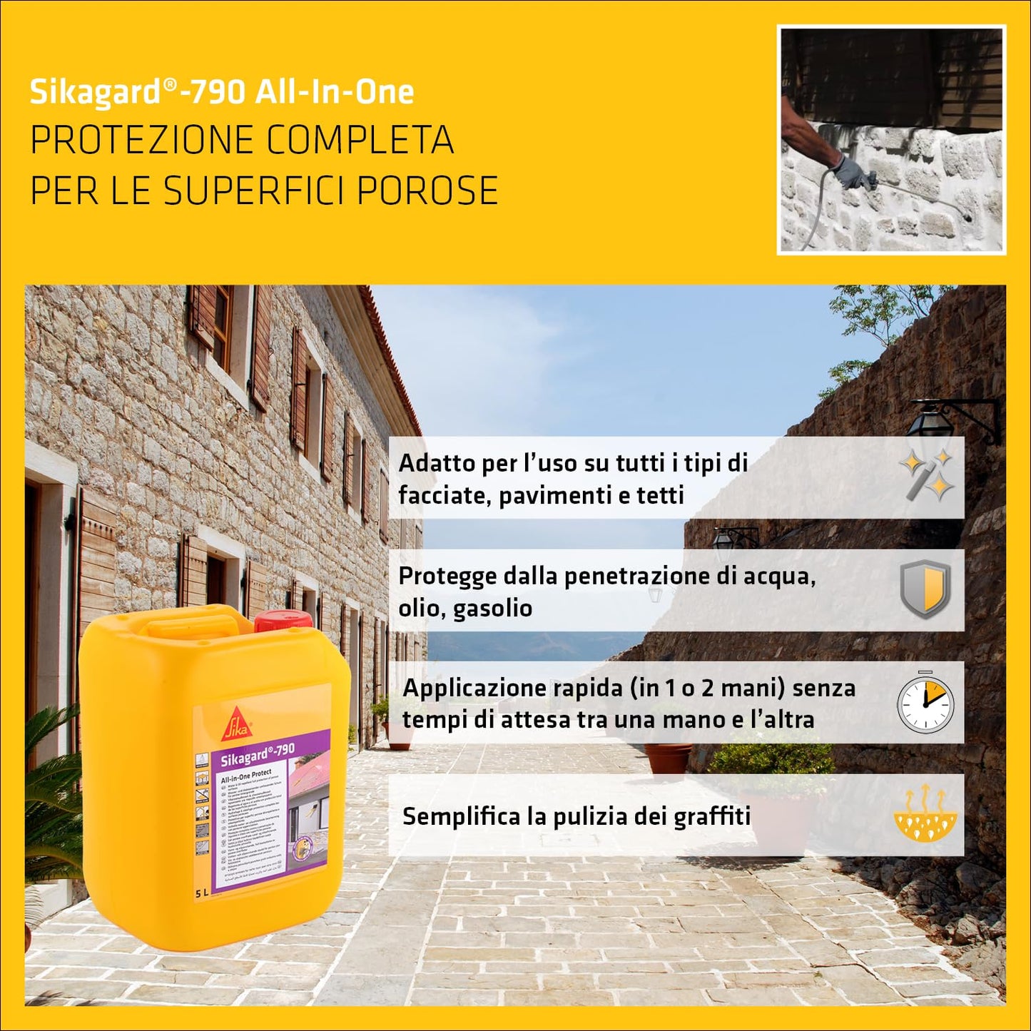 Sika - Sikagard-790 All-in-One Protect, Trasparente - Protettivo invisibile per superfici porose - Facciate, pavimenti e tetti - 5L