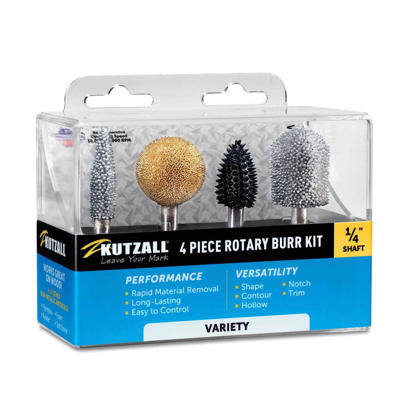 Kutzall Set di Frese Rotanti da 4 Pezzi - Albero da ¼", Grane Miste - Accessorio Falegnameria per Attrezzi Bosch, DeWalt, Makita, Milwaukee - Carburo di Tungsteno Strutturato