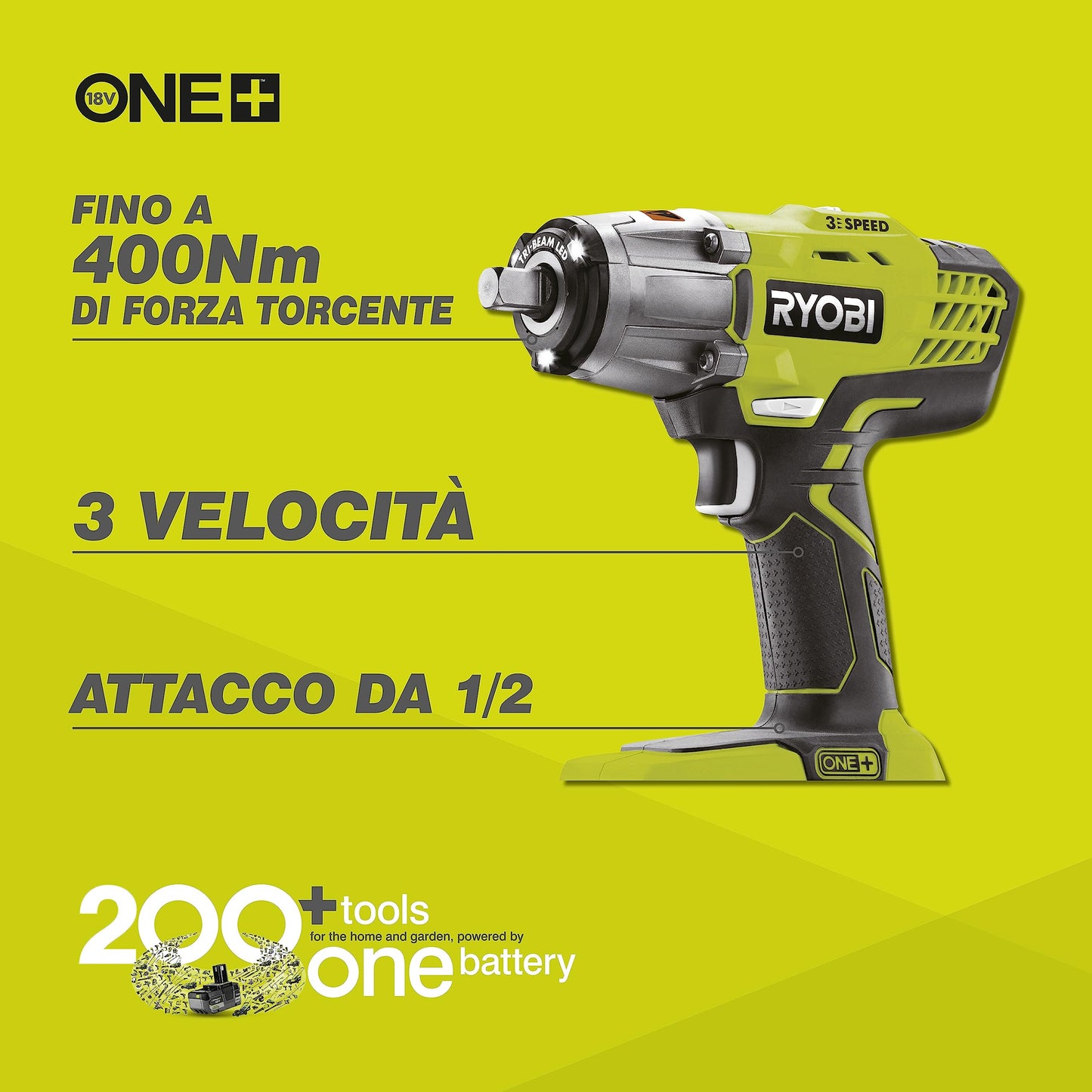 Ryobi R18IW3-0 Avvitatore ad Impulsi 1/2" a Batteria 18V ONE+, Batteria non Inclusa, 3 Velocità, 3.200 Colpi/Minuto e Velocità a Vuoto 0-2.900 Giri/Minuto