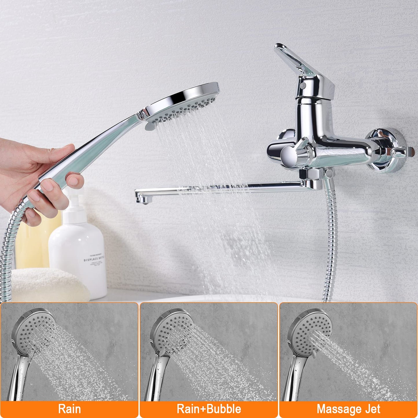 Ibergrif M13150 Rubinetto Miscelatore per Vasca da Bagno con 3 Modalità Sistema Doccia a Pioggia con Flessibile Doccia 180 cm e Bocchetta Allunga (40 cm) Rubinetto Doccia con Supporto Doccia, Argento