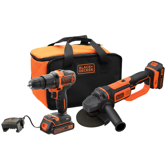 BLACK+DECKER, Trapano avvitatore a percussione 18V e smerigliatrice angolare 18V in softbag, con due batterie 2Ah e caricabatterie. BCK24D2S-QW