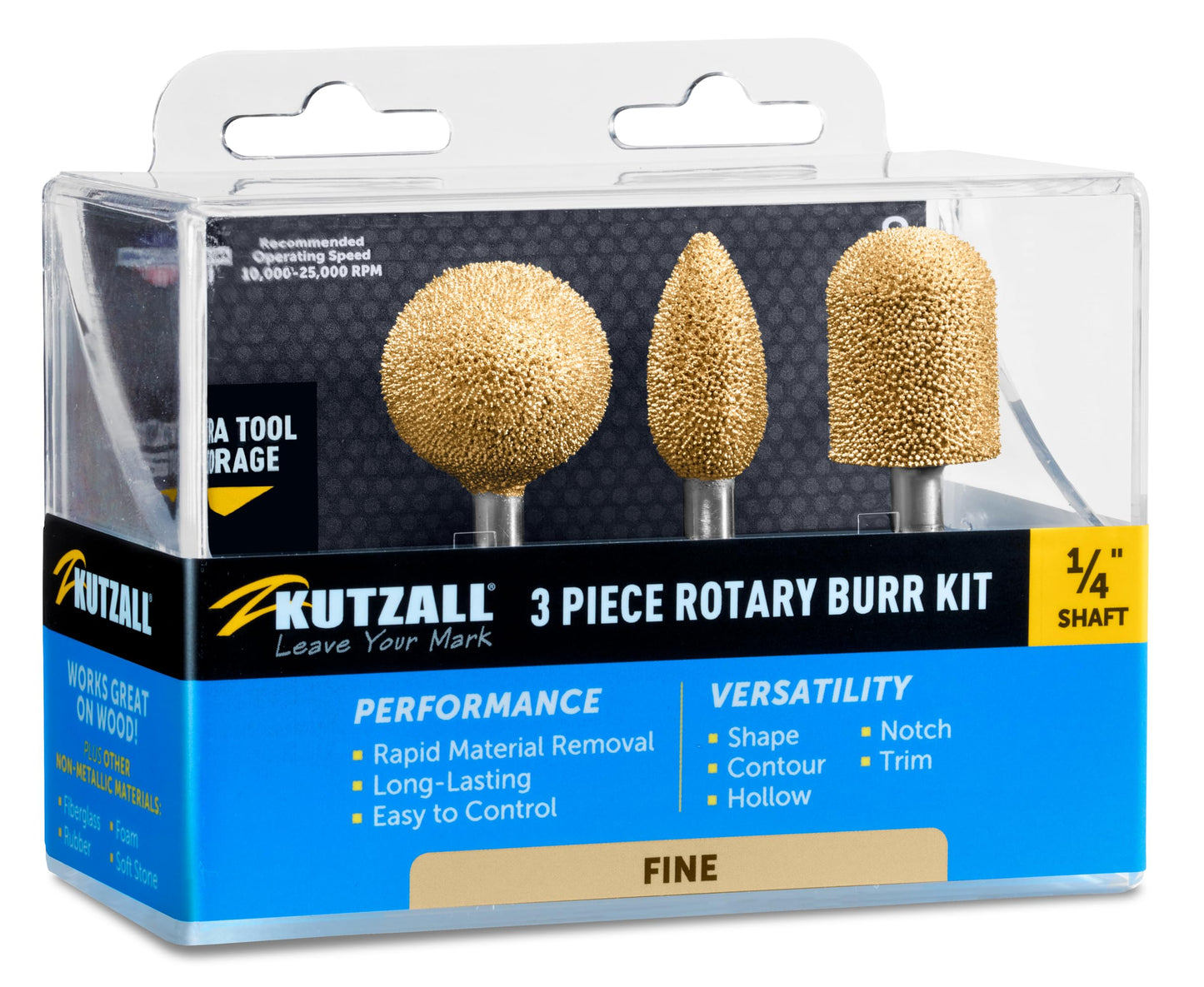 Kutzall Set di Frese Rotanti da 3 Pezzi - Albero da ¼", Grana Fine - Accessorio Falegnameria per Attrezzi Bosch, DeWalt, Makita, Milwaukee - Carburo di Tungsteno Strutturato