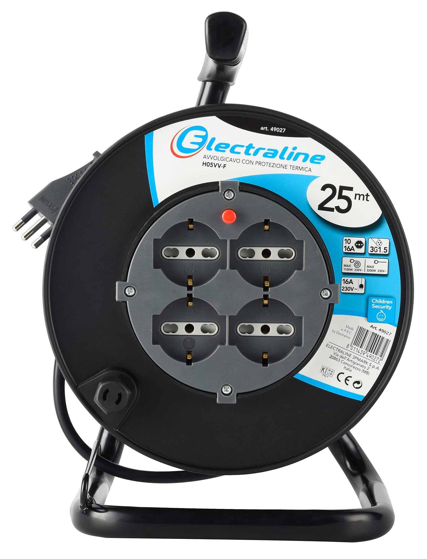 Electraline 49027 prolunga elettrica con avvolgicavo 25 mt 4 prese polivalenti (schuko + 10/16A) spina grande 16A, con protezione, nero - sezione cavo 3G1,5 mm²