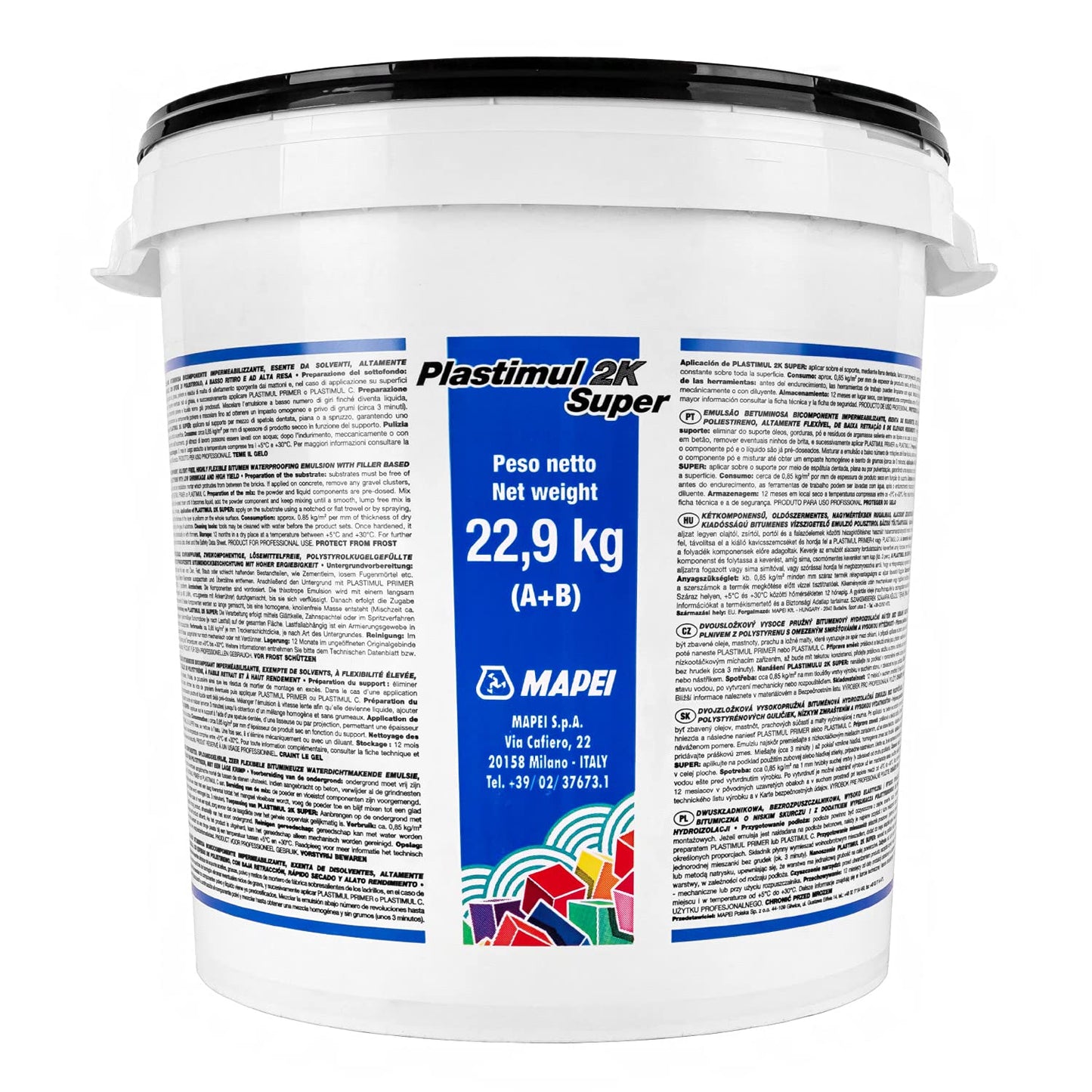 MAPEI PLASTIMUL 2K SUPER 22,9 kg Emulsione di bitume impermeabile altamente flessibile, priva di solventi, a basso ritiro, bicomponente, con sfere di polistirolo.