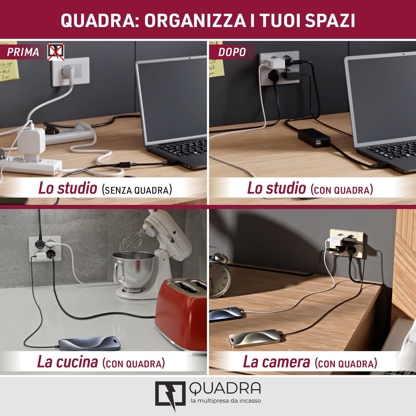 Electraline 22105 Multipresa da incasso Quadra 4 Posti Universali P40, compatibile con tutte le scatole da incasso 3 posti (muratura o cartongesso)