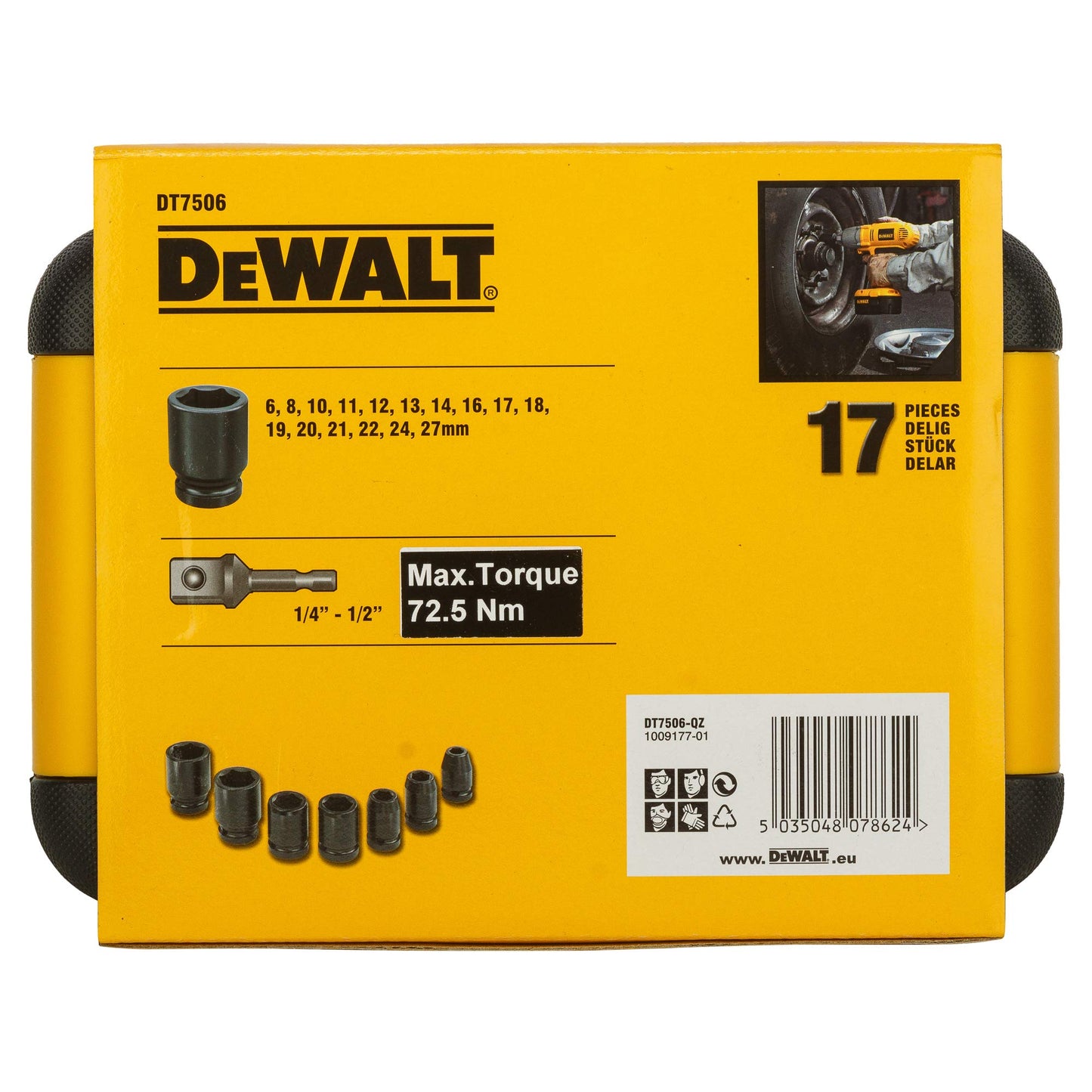 DEWALT SET DI BUSSOLE PER AVVITATORI A IMPULSI - attacco a 1/2" - Set 17 pezzi, DT7506-QZ