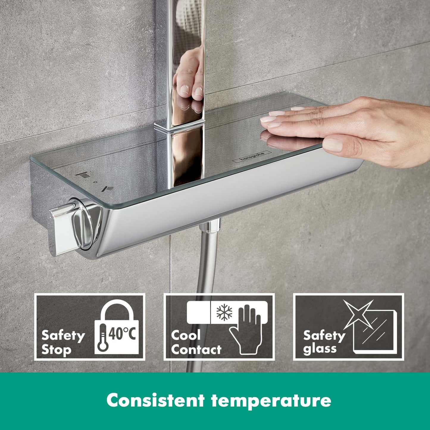 hansgrohe Raindance E - Colonna doccia con miscelatore termostatico, Sistema doccia (360 x 190 mm) con rubinetto, doccetta (3 getti), tubo, asta e soffione doccia quadrato, cromo, 27112000