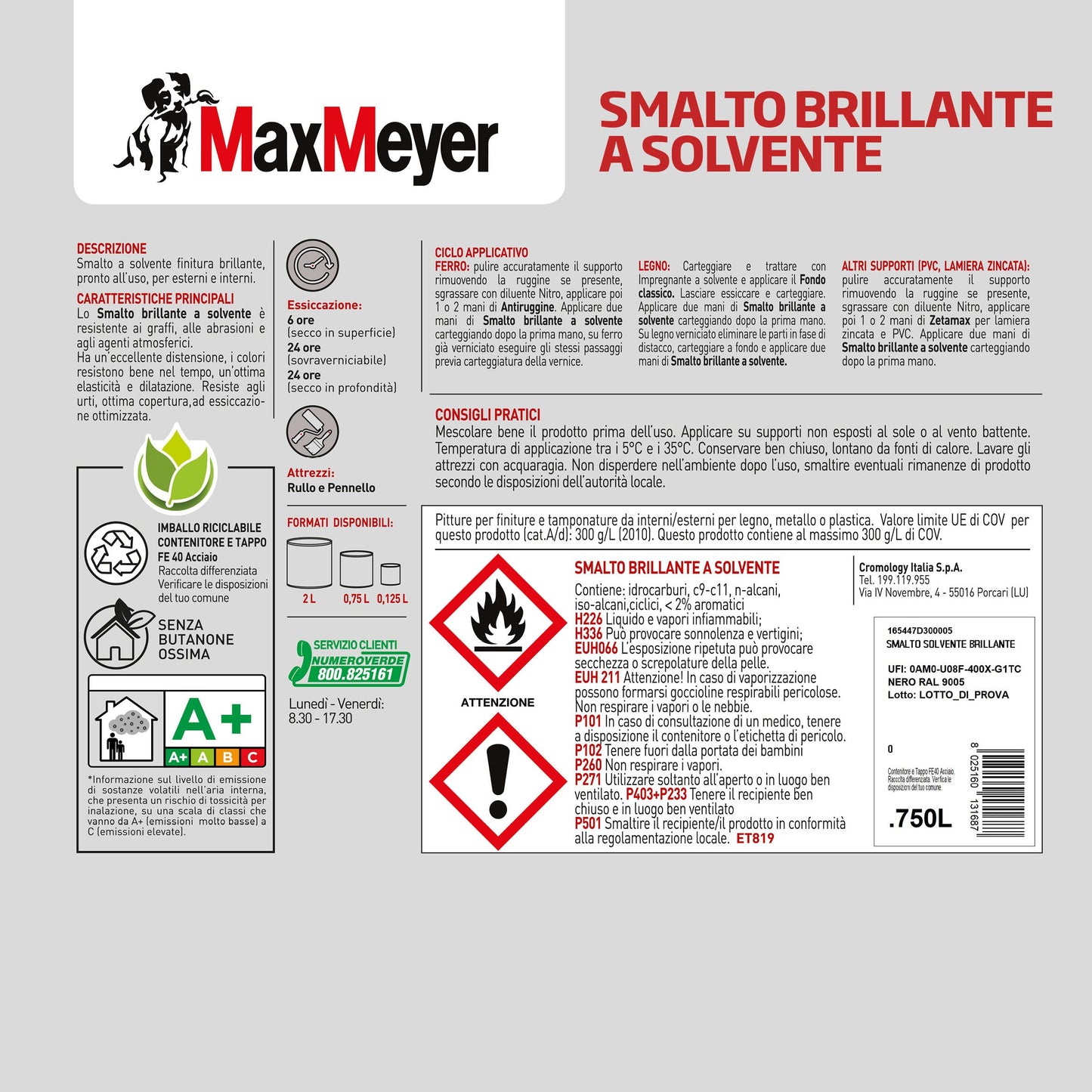 MAXMEYER Smalto a solvente per ferro e legno brillante NERO R9005 0,750 L