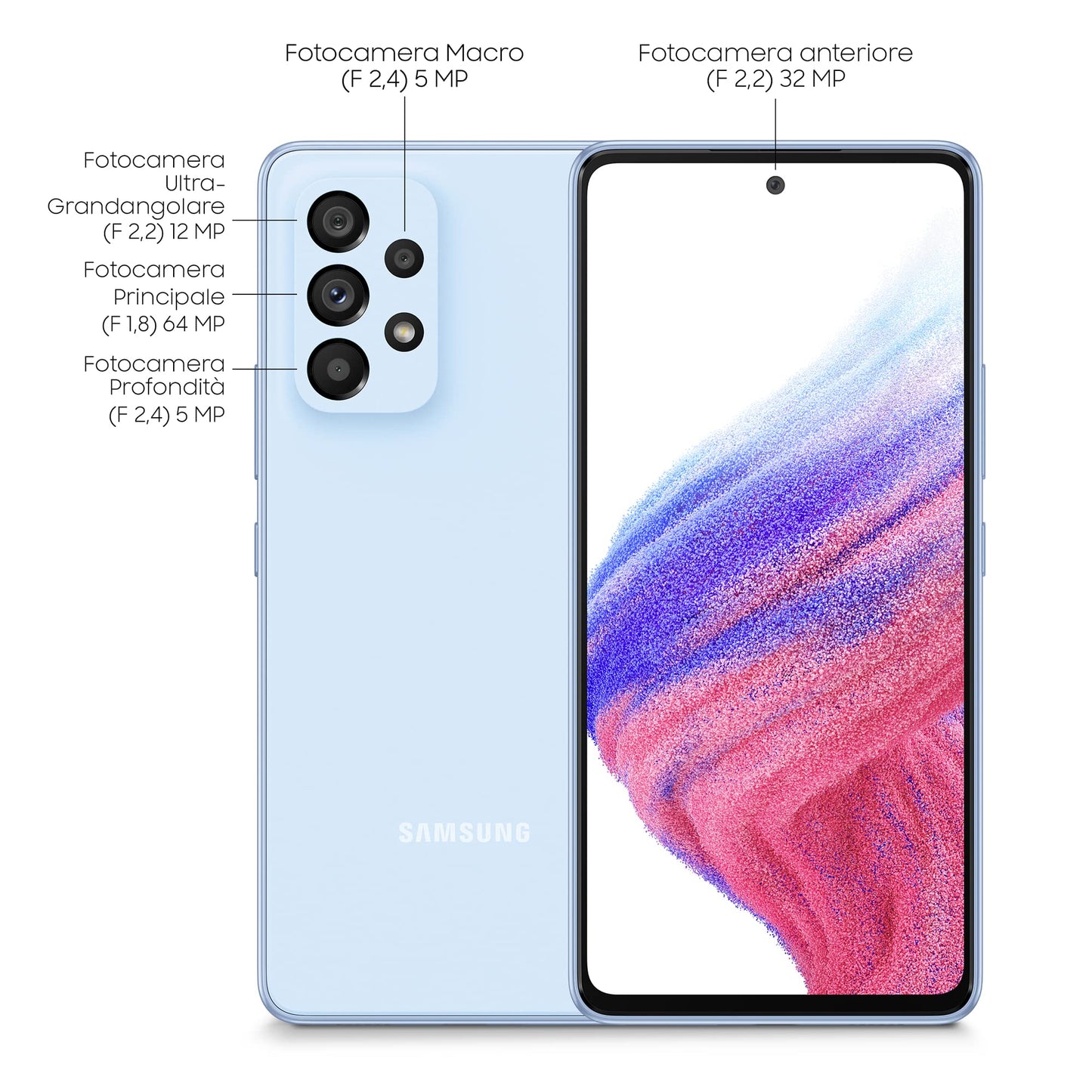 Samsung Galaxy A53 5G Smartphone Android, Display Infinity-O FHD+ Super AMOLED 6.5”, 8GB RAM e 256GB di memoria interna espandibile, Batteria 5000 mAh, Awesome Blue (Versione Italiana)