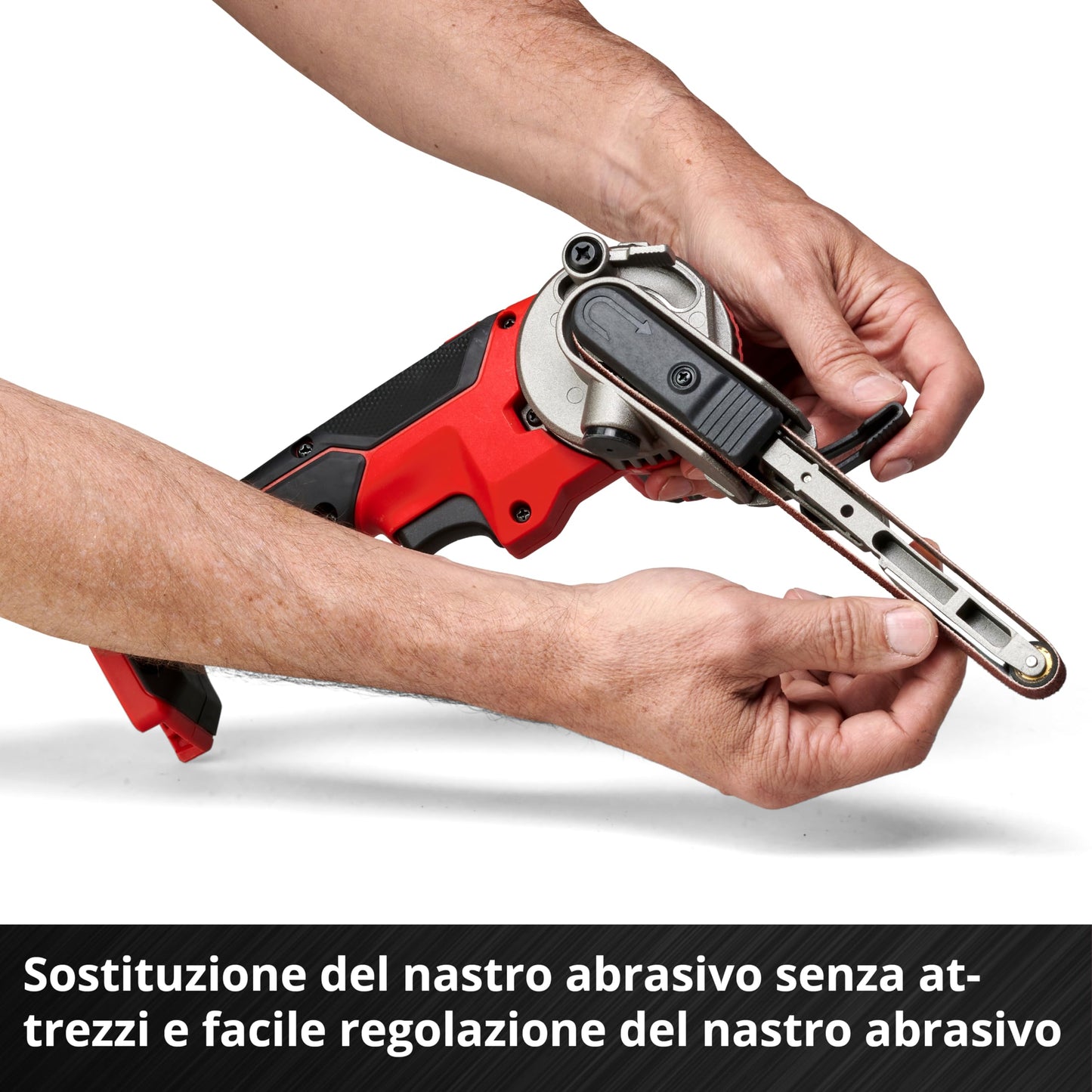 Einhell Lima a nastro a batterie TE-BF 18 Li-Solo Power X-Change (18 V, velocità fino a 1.700 m/min, 2 bracci abrasivi 9 mm e 13 mm, incl. 12 pz. nastri abrasivi, senza batteria)