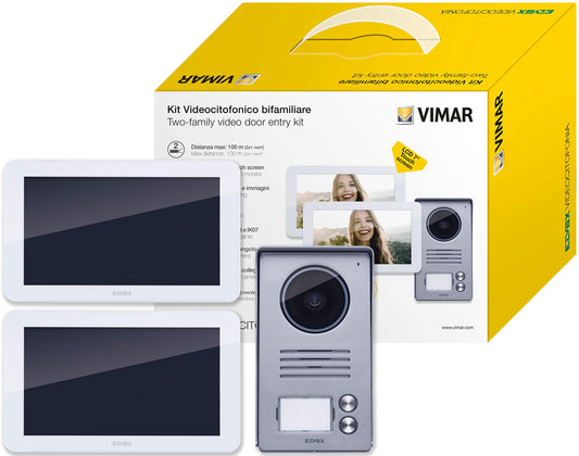 Vimar K40936 Kit di ingresso video bifamiliare con: videocitofoni LCD a mani libere da 7 pollici, 1 pannello di ingresso audio/video a 2 pulsanti, 2 unità di alimentazione, con staffa di fissaggio