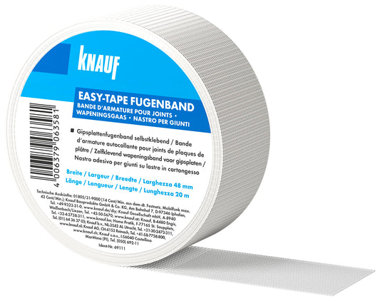 Knauf K-00069112 Easy-Tape-Nastro di Copertura stabilizzare e stuccare fughe, Striscia di Rinforzo autoadesiva per la stuccatura cartongesso o Pannelli in Fibra di Gesso, 48 mm x 45 m, Bianco