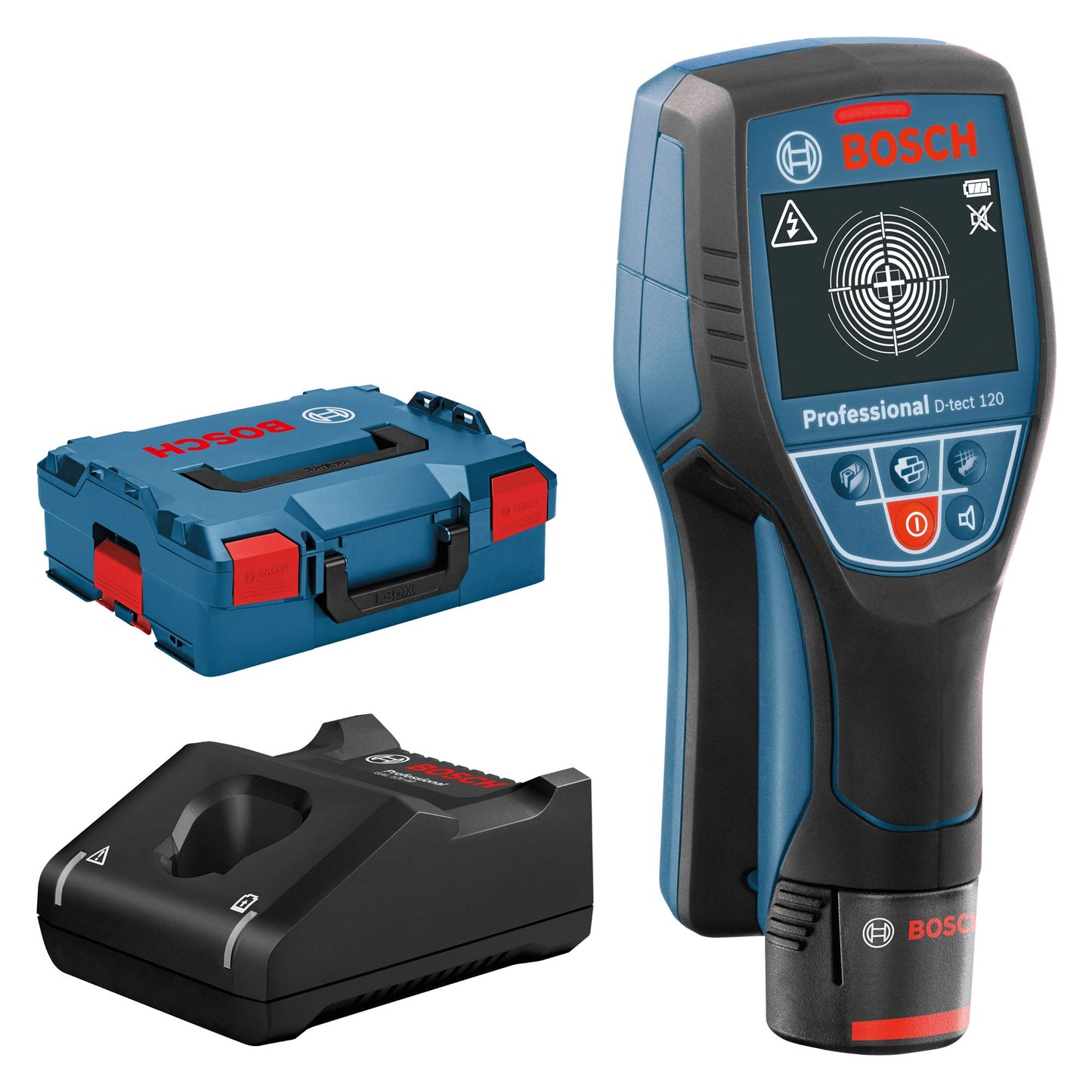 Bosch Professional 12V System Rilevatore D-tect 120 (1 batt. 12V, rilevamento max. tubi in plastica/sottostrutture/cavi sotto tensione/metalli magnetici/non magnetici: 60/38/60/120/120 mm, L-BOXX)