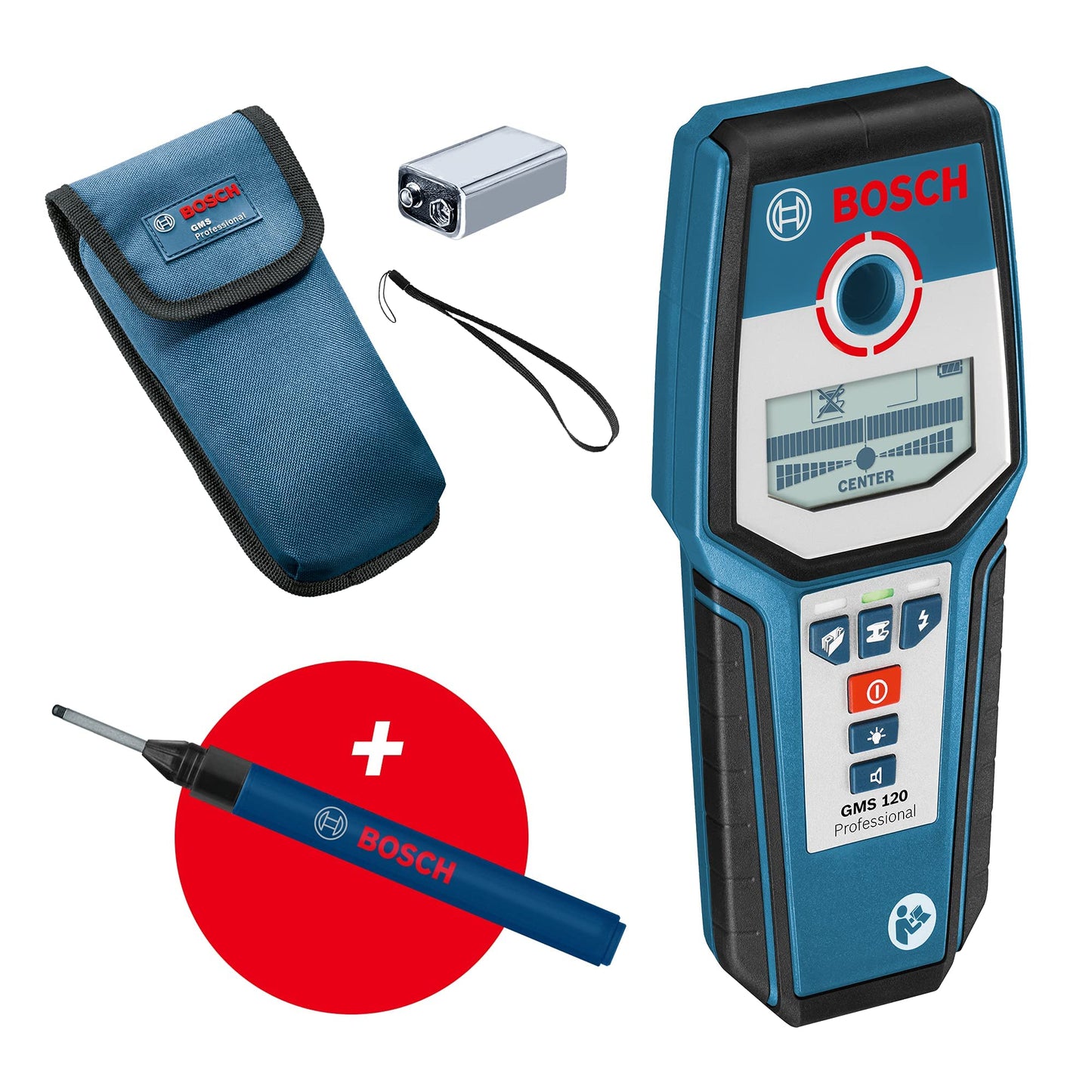 Bosch Professional Rilevatore GMS 120 (Evidenziatore per fori, profondità di rilevamento max. legno/metallo magnetico/metallo non magnetico/cavi sotto tensione: 38/120/80/50 mm)