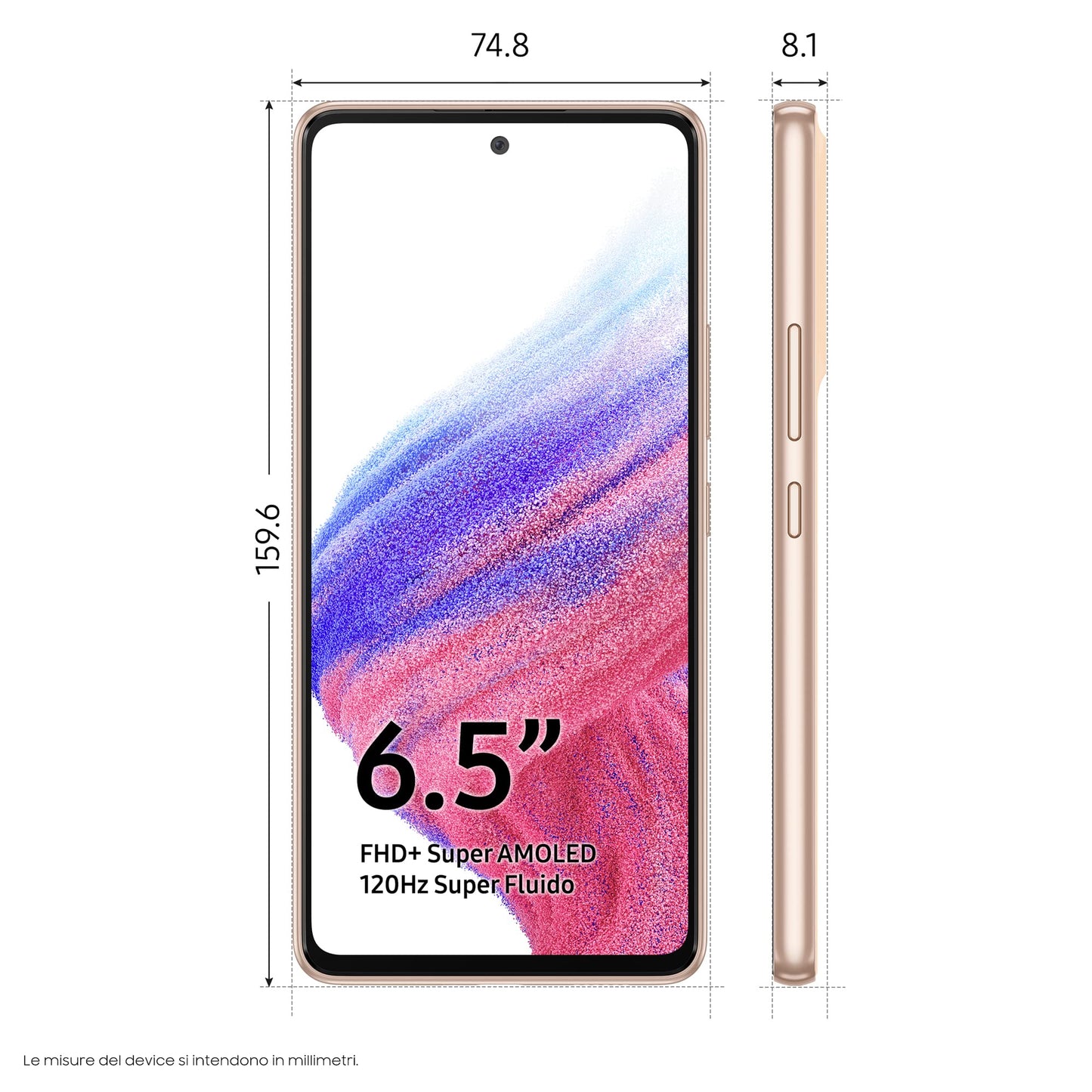 Samsung Galaxy A53 5G Smartphone Android, Display Infinity-O FHD+ Super AMOLED 6.5”, 8GB RAM e 256GB di memoria interna espandibile, Batteria 5.000 mAh, Awesome Peach (Versione Italiana)