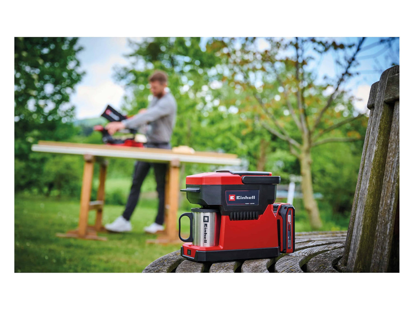 Einhell Macchina da caffè a batteria TE-CF 18 Li-Solo Power X-Change (18 V, 240 ml, per caffè con filtro e cialde caffè, maniglia per il trasporto, tazza da caffè con coperchio, senza batteria)