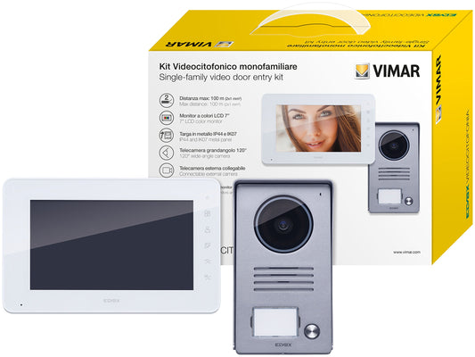 VIMAR K40990 Kit videocitofono da parete, vivavoce, colori LCD 7'', tastiera capacitiva, targa audiovideo, alimentatore con spine standard EU, UK, US, AUS