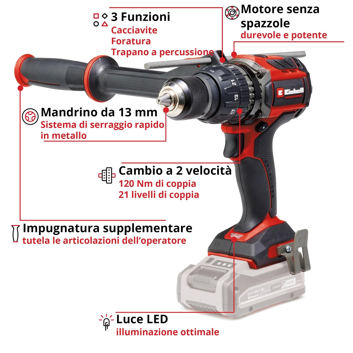 Einhell Professional Trapano a percussione a batteria TP-CD 18/120 Li BL-Solo Power X-Change (18 V, Brushless, 120 Nm, funzione percussione, mandrino 13 mm, 2 vie, senza batteria)